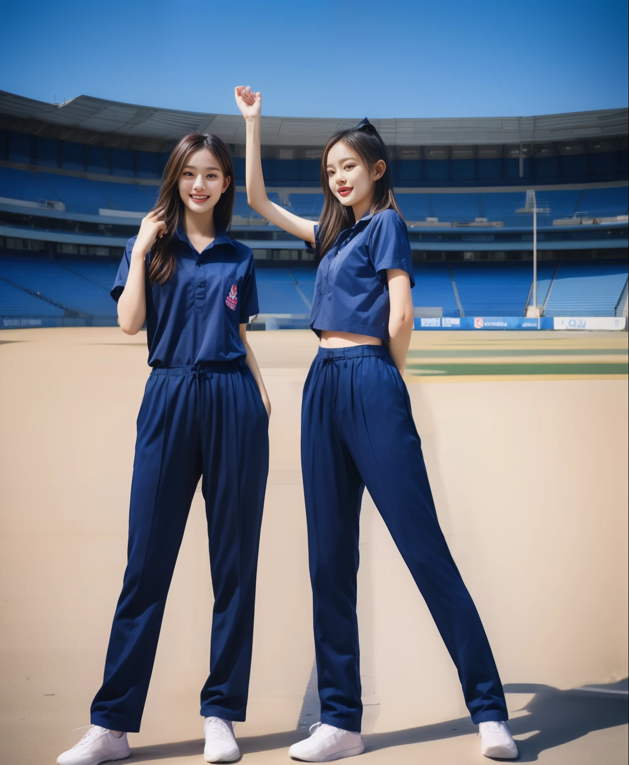 (bestquality,10,10,highres,masterpiece:1.2),ultra-detail,(Realistic,ภาพRealistic,photo-realistic:1.37),1 Cute girl in the football field,oily shiny skin,bara,light smile,BDclothelue shirt:1.3)),short sleeves,shirt, trousers.,(navy_long_ติดตามtrousers:1.1), ((Stadium Background:1.3)),dynamic angle,excited,face focus,Dynamic Poses,from behide,Ass Focus,masterpiece, bestquality, ultra realistic, hyper-detail, 8k resolution, RAW photo, crisp focus, ((Navy blue shirt:1.1)), short sleeves, เส้นทางlong, Complete bodyแบบ, 2 mature women, 18yo, cinematic light,trousersวอร์มสีน้ําเงิน,Gymware,Correct anatomy,Complete body, Correct body, sharp face, Correct bodyทางกายวิภาค, full entire body, Realistic gestures, long-haired, Realistic poses,Wear long shorts..............................,ช่วงขาlong,Shapely,Sculpting Girl, Slender Figure, mannequin mannequins, Shapely, Beautiful body,trousersวอร์มสีน้ําเงิน, Two girls kissing