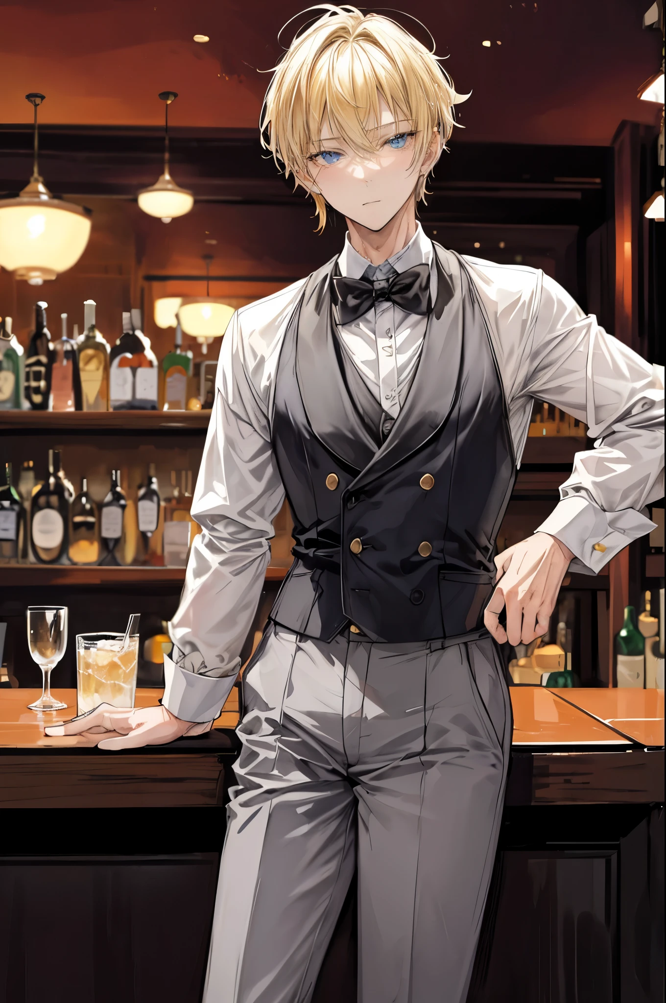 (flat color:1.1),(masterpiece:1.2), best quality, masterpiece, original,short neat blonde hair, (mature, handsome man looking at the camera at a bar:1.2), wearing a formal casual outfit