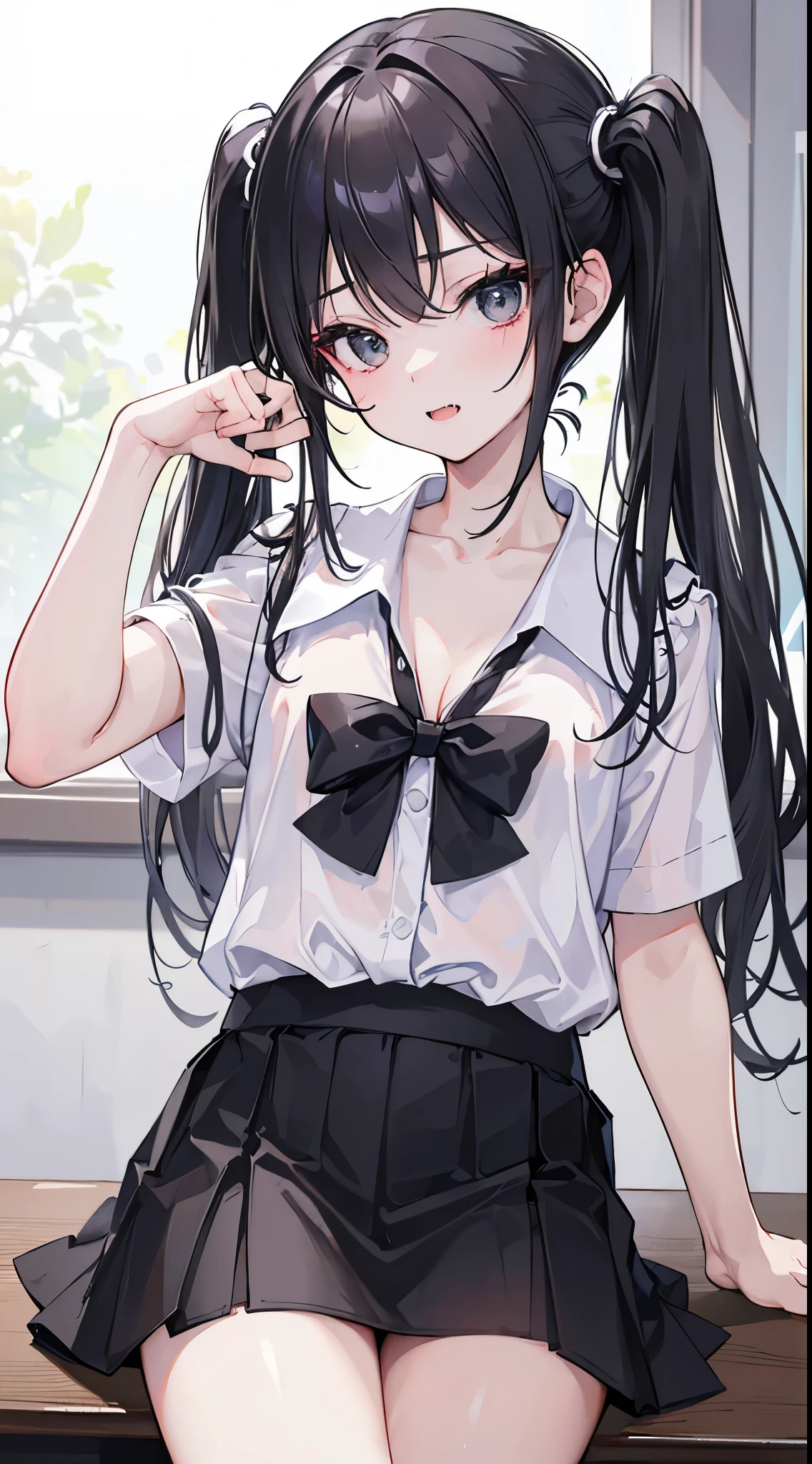 (8K、Top image quality、top-quality、​masterpiece)、A detailed face、1 girl in、Dark hair、((twintails))、black eyes、Show your fangs and laugh、Smaller chest、white  shirt、((unbuttons:1.0))、cleavage、shortsleeves、((Black miniskirt))、cowboy  shot、sit on desk、((Taken from below))、Classroom Background