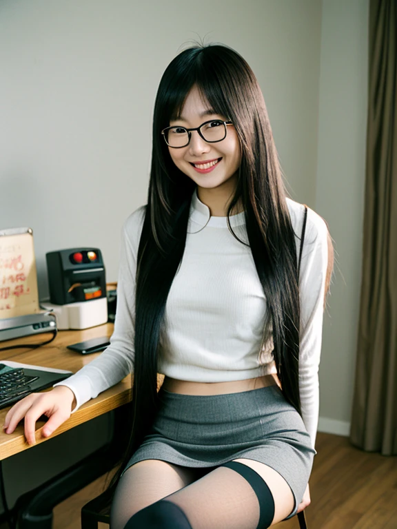 asian, glasses,  small breasts, topless, smile, sexy pencil skirt, tights, long straight hair, long legs