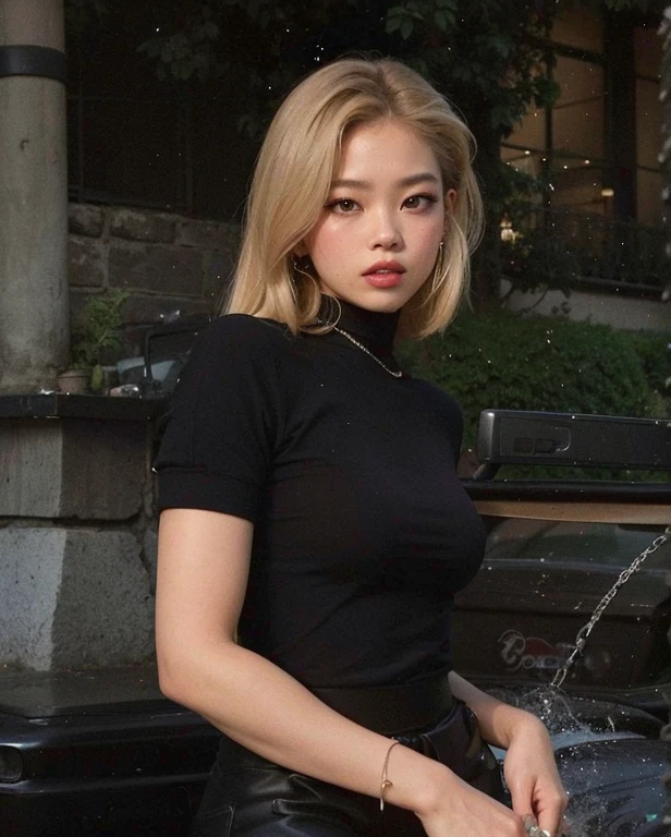 arafed woman sitting in a car with a cell phone in her hand, Jennie Blackpink, Parque Roseanne do Blackpink, jossi do blackpink, she is wearing a black tank top, Heonhwa Choe, usando uma camiseta regata de corte baixo, TaeJune Kim, Casa Yunjoo, linda mulher coreana jovem, Jinyoung Canela, Retrato de Jossi do Blackpink
