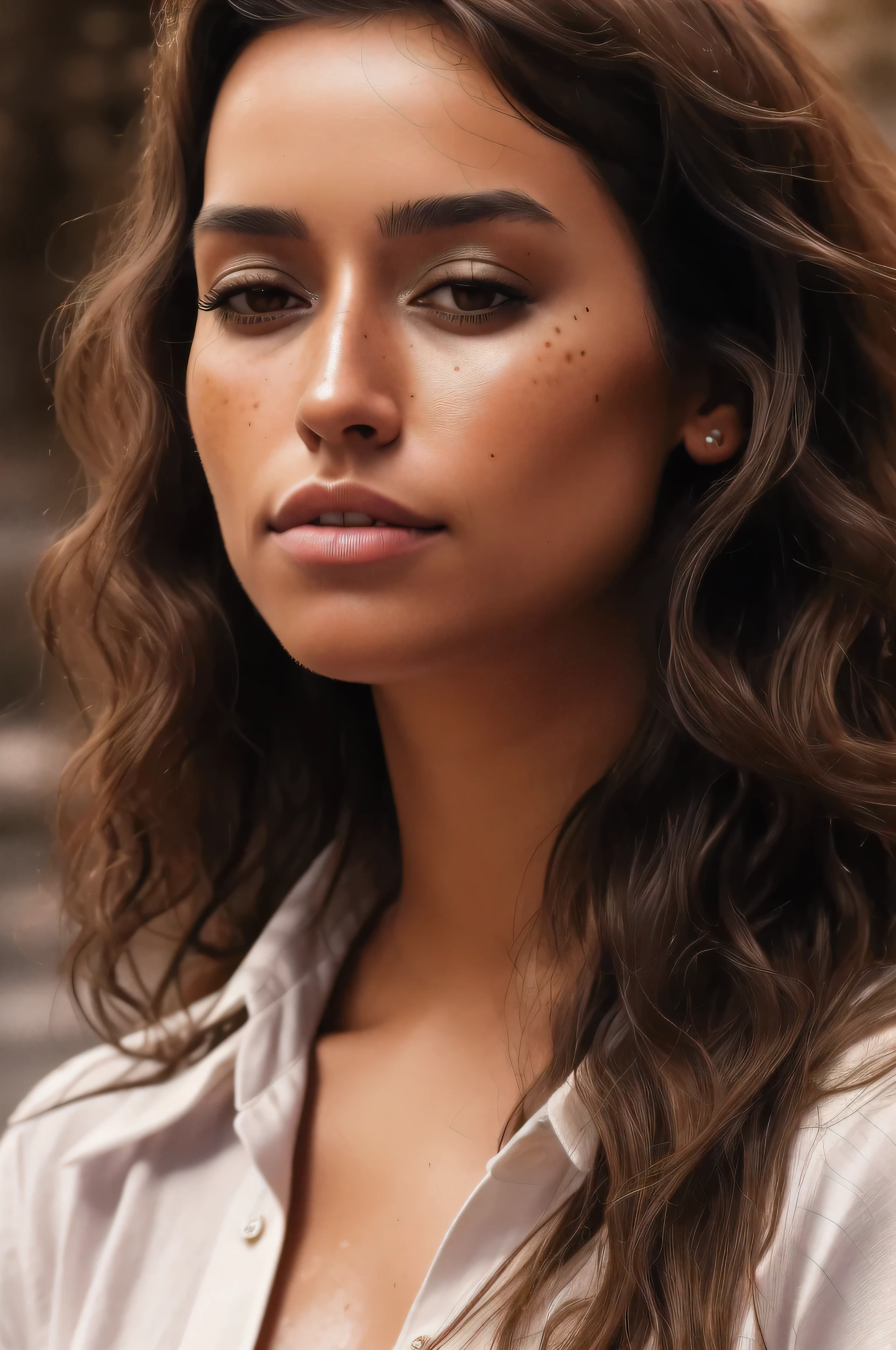 A portait of woman (TugbaYurt01), wavy hair parted in the middle, detailed face, natural thin lips, perfect teeth, (white shirt, unbuttoned shirt), earing, jewelery, neck, chin, facial skin imperfections, textured skin, detailed skin texture, remarkable detailed pupils, visible skin detail, freckled face, (blush:0.5), (goosebumps:0.5), skin fuzz, dry skin, subsurface scattering, pore details, oiliness, skin redness, blemishes, high-resolution textures, natural lighting, ultra realistic, Photorealistic, Hyperrealistic, Hyperdetailed, analog style, detailed skin, soft lighting, subsurface scattering, realistic, soft shadow, masterpiece, Ultra-High Quality, 12K, Deep Learning AI Enhancement, HDR, Quantum Dot Technology, 16-bit Color, Digital Medium Format, Advanced Lens Optics, ProRes RAW, Computational Photography, High Frame Rate, LUTs, Cinema-Quality Stabilization, outdoor, in ruined city, courtyard blur background, dusty misty background, (from below:.8), wide angle, (from side:0.2),