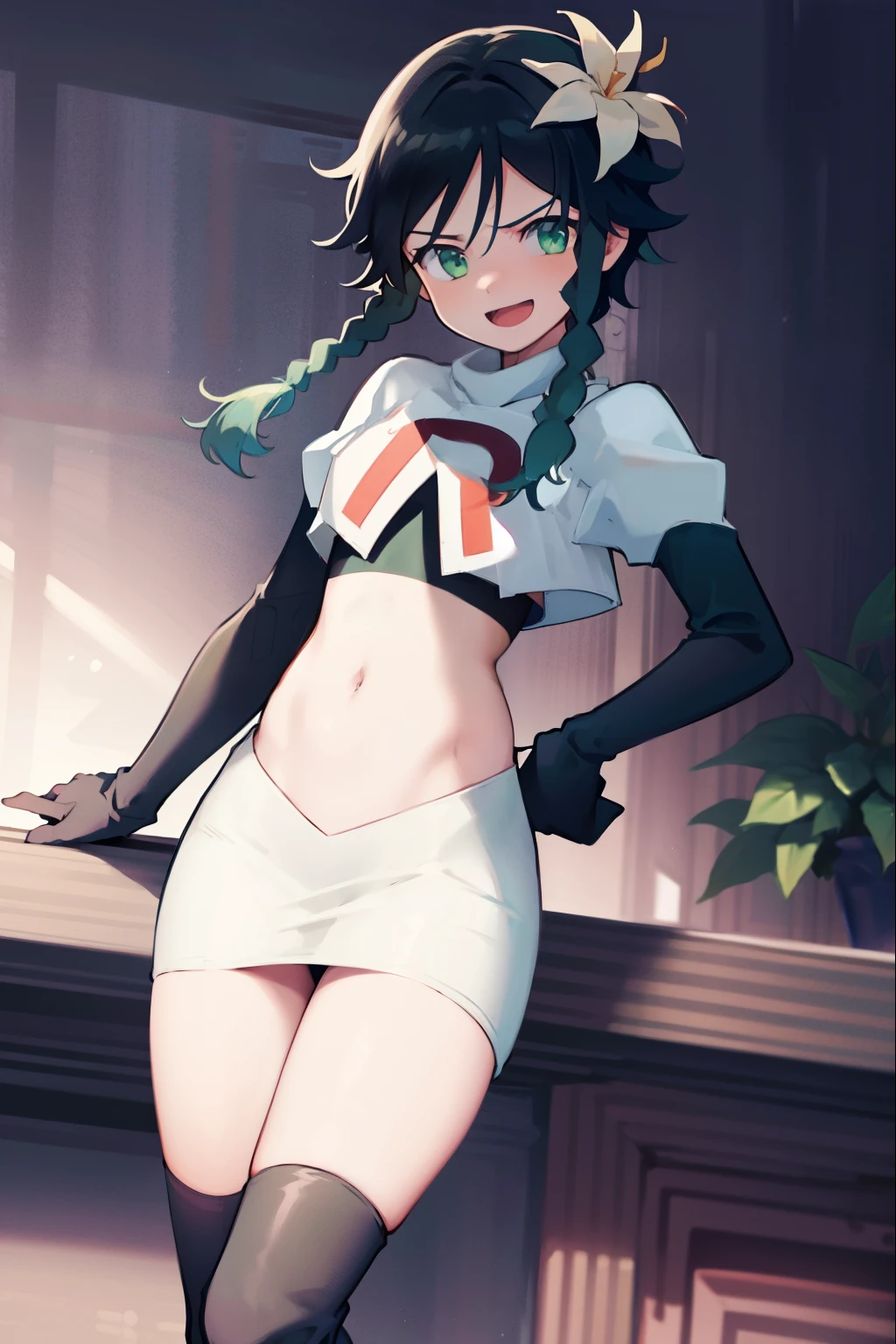 1 girl, 14 years old, in the park, pink tanktop, demin short, small breasts, short hair, green hair, blue eyes, elbow gloves, cute girl, smiling, mecha headgear, seductive pose, red shoes