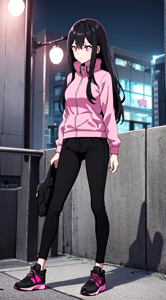 1girl, female, fit, straight long black hair, medium ass, medium breast, pink eyes, full body, wear jacket black, pink jacket, long black jeans, night time, HD, 4k, Best Quality, pink shoes,