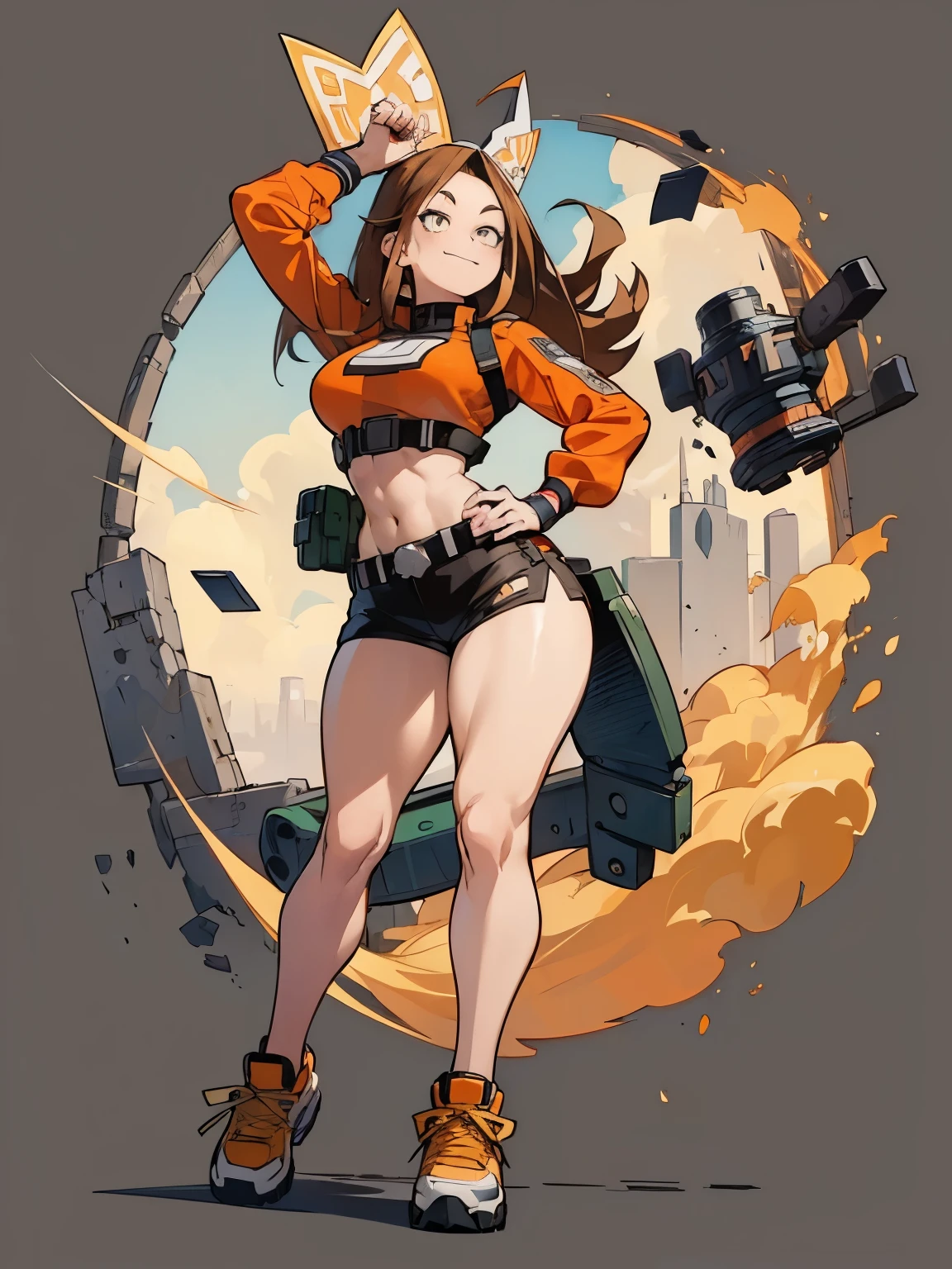 (((My Hero Academia Style))), 1girl, female, May, ((Guilty Gear Videogames Series Style)), medium breasts, wide hips, round hips, long hips, wide thighs, thick thighs, light brown hair, long hair, honey eyes, sweet smile, orange sweatshirt, large sweatshirt, large long sleeve sweatshirt, orange long sleeve sweatshirt, large orange long sleeve sweatshirt, black tight shorts, black shorts, tight shorts, orange sneakers, sports shoes, (Full body photo:1.5), standing, standing pose, cowboy shot, cowboy shot pose, looking at viewer, perfect anatomy, perfect hands, super detailed, bay background, bay view background,