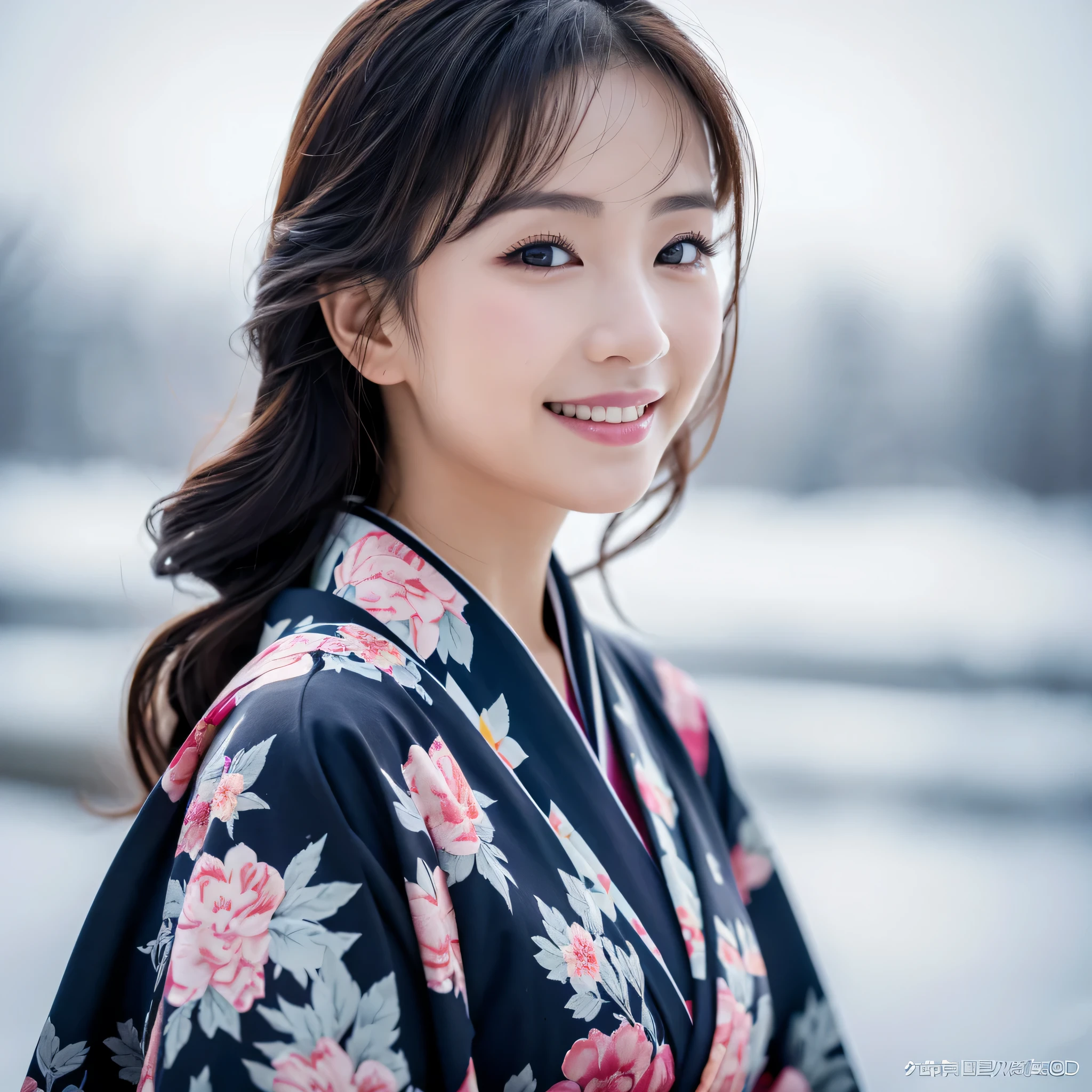 (Super beautiful woman in kimono)、((best qualtiy、8k masterpieces:1.3))、foco nítido:1.2、(ultra beautiful faces:1.0)、(shinny skin:1.0)、photos realistic、A dark-haired、Video Lighting、High-definition eyes and face、Video Lighting、Japanese actressl、from the front side、medium breasts、With a happy smile、Slender Abs Beauty、Whole body、wearing kimonos、In a snowy landscape in the middle of winter、highest grade obi