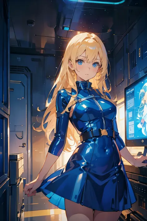 blonde anime woman wearing blue latex dress, in space, lots of details, anime style, sen no kiseki style, 8k