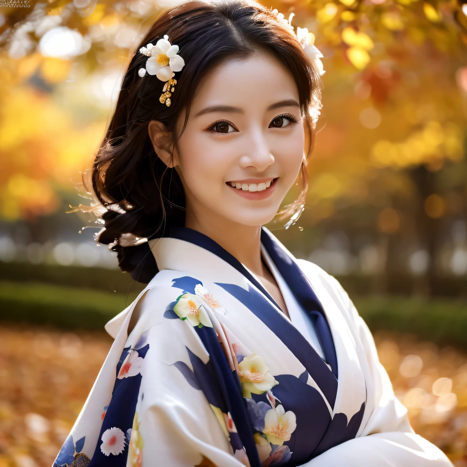 (Super beautiful woman in kimono)、((best qualtiy、8k masterpieces:1.3))、foco nítido:1.2、(ultra beautiful faces:1.0)、(shinny skin:1.0)、photos realistic、A dark-haired、Video Lighting、High-definition eyes and face、Video Lighting、Japanese actressl、from the front side、medium breasts、With a happy smile、wearing kimonos、Under the autumn leaves、highest grade obi