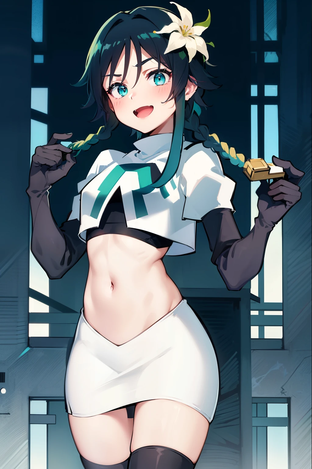 absurdres,venti,1boy, male focus, trap,black hair, green-blue hair, hair braid,hair flower,aqua green eyes,crossdressing,1boy,team rocket,team rocket uniform,white skirt,red letter R,crop top,black thigh-high boots,black elbow gloves, laughing, happy, blush