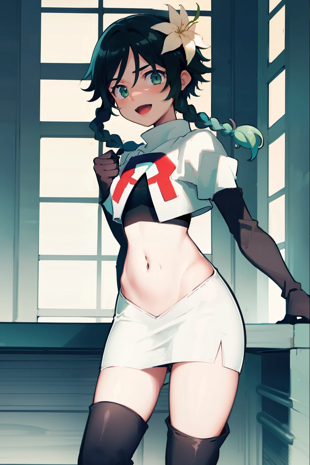 absurdres,venti,1boy, male focus, trap,black hair, green-blue hair, hair braid,hair flower,aqua green eyes,crossdressing,1boy,team rocket,team rocket uniform,white skirt,red letter R,crop top,black thigh-high boots,black elbow gloves, laughing, happy, blush