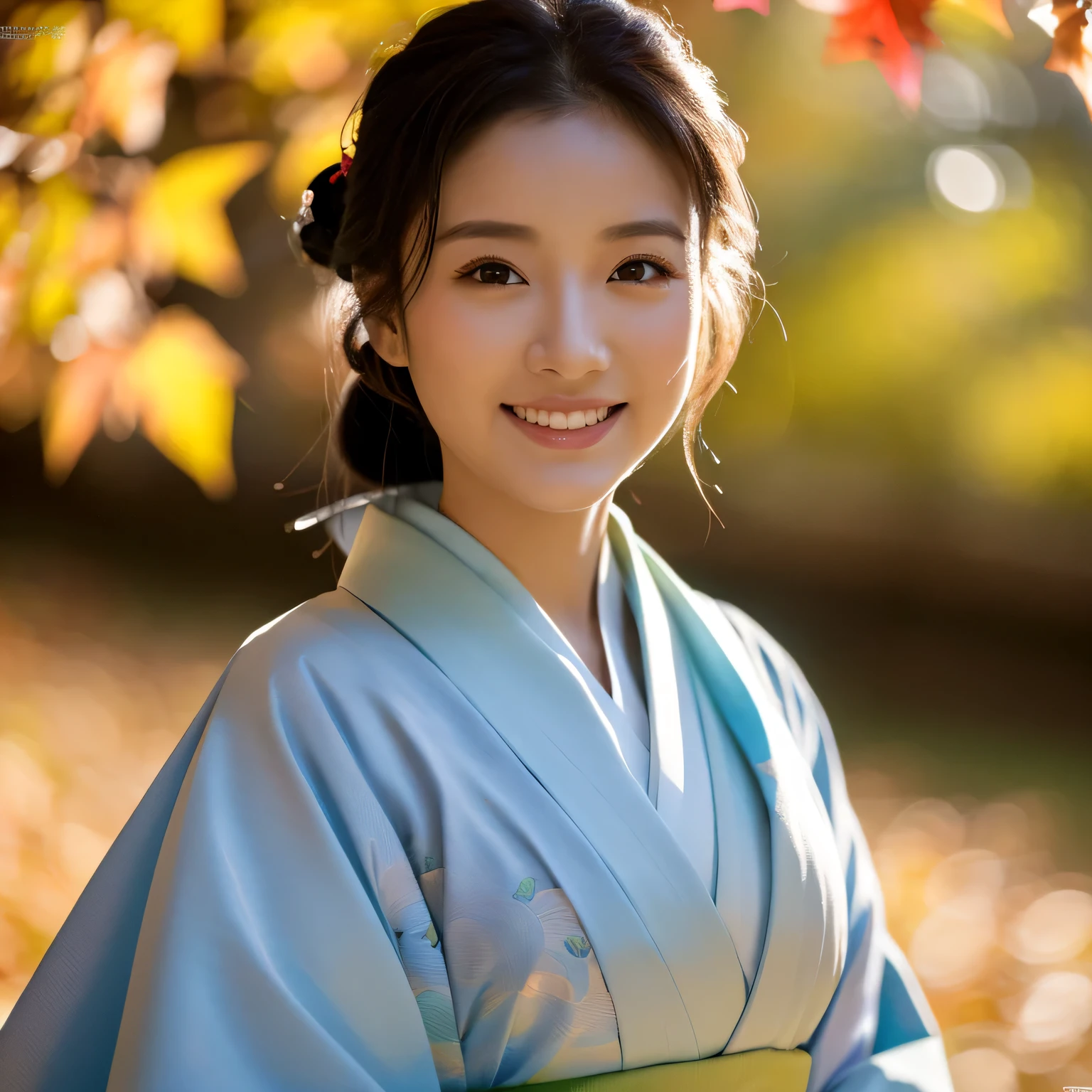 (Super beautiful woman in kimono)、((best qualtiy、8k masterpieces:1.3))、foco nítido:1.2、(ultra beautiful faces:1.0)、(shinny skin:1.0)、photos realistic、A dark-haired、Video Lighting、High-definition eyes and face、Video Lighting、Japanese actressl、from the front side、medium breasts、With a happy smile、wearing kimonos、Under the autumn leaves、highest grade obi