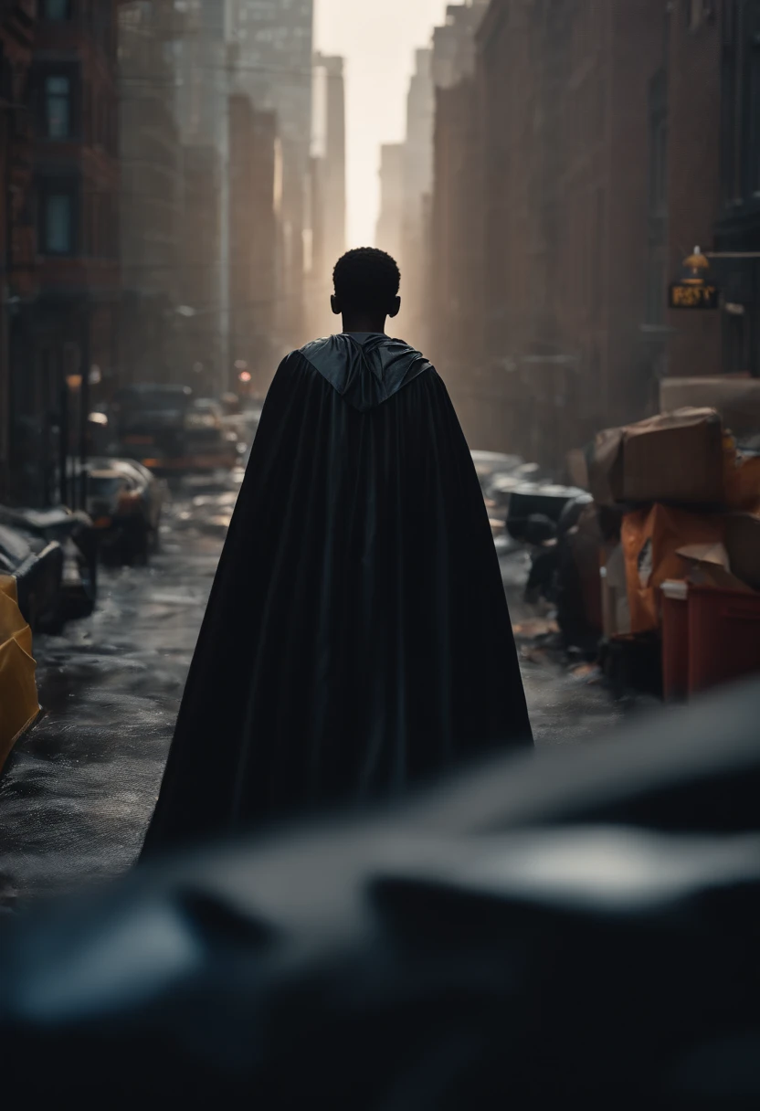 A black kid who uses a trash bag as a cape looks over a booming metropolis in the morning