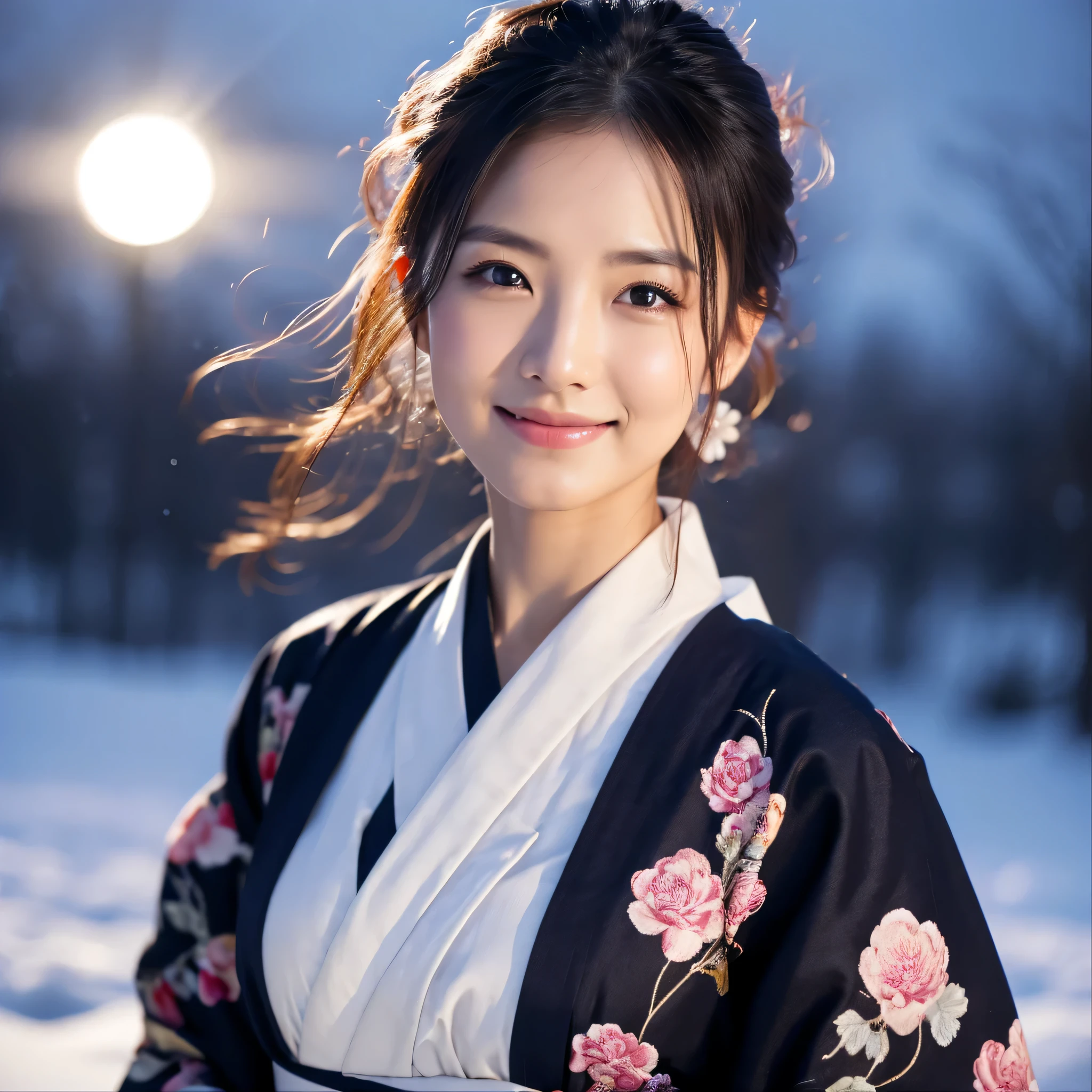 (Super beautiful woman in kimono)、((best qualtiy、8k masterpieces:1.3))、foco nítido:1.2、(ultra beautiful faces:1.0)、(shinny skin:1.0)、photos realistic、A dark-haired、Video Lighting、High-definition eyes and face、Video Lighting、Japanese actressl、from the front side、medium breasts、With a happy smile、Slender Abs Beauty、Whole body、wearing kimonos、In a snowy landscape in the middle of winter、highest grade obi