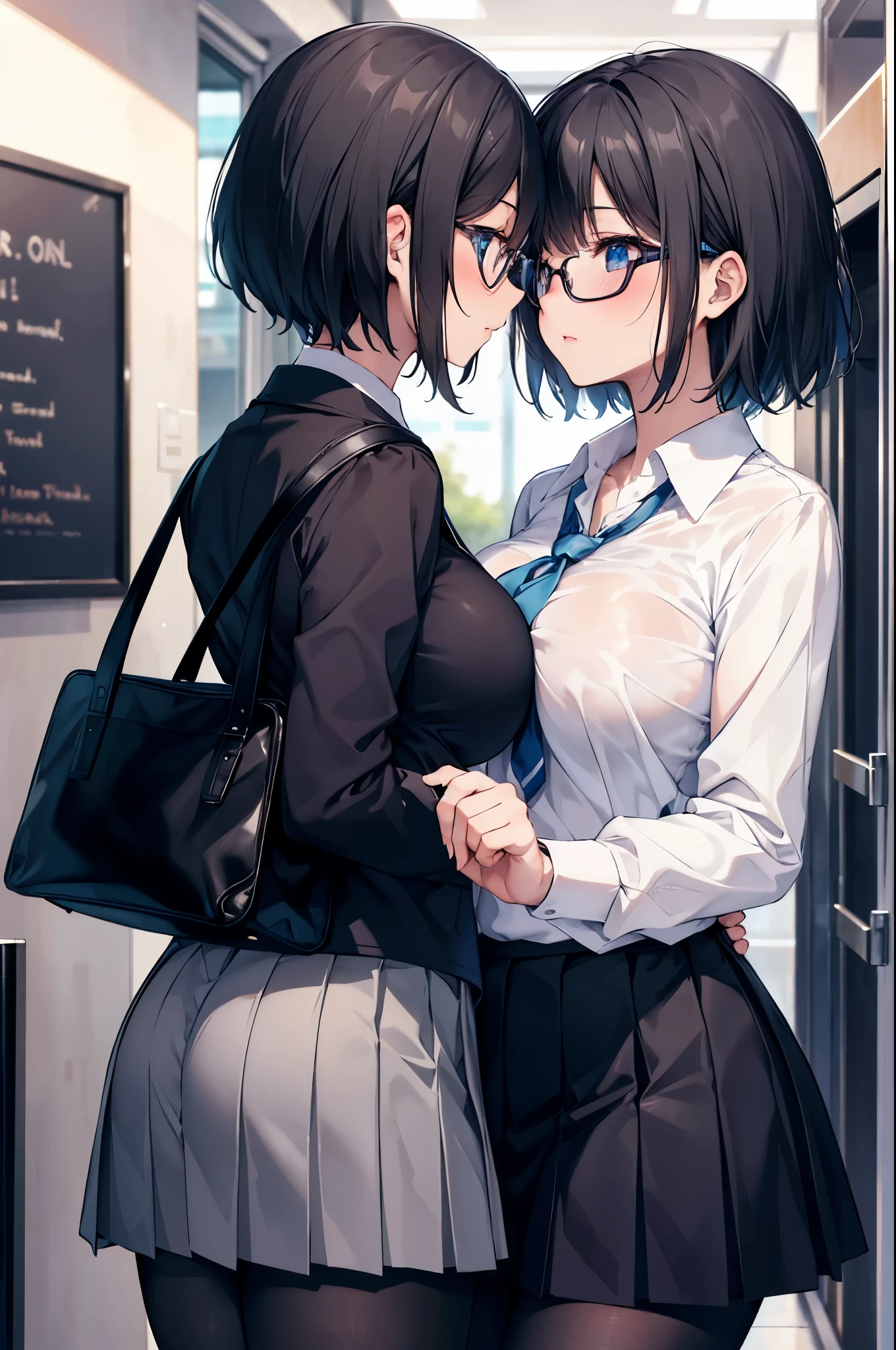 2 girls, kiss, glasses, blush, (slim body:1.2), (huge breasts:1.1), (slender legs:1.1), short hair, black hair, school uniform, white long sleeve shirt, pleated skirt, (black tights:1.1),