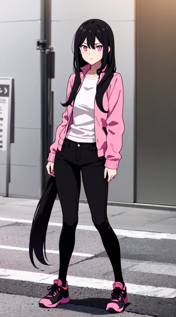 1girl, female, fit, straight long black hair, medium ass, medium breast, pink eyes, full body, wear jacket black, pink jacket, long black jeans, night time, HD, 4k, Best Quality, pink shoes,
