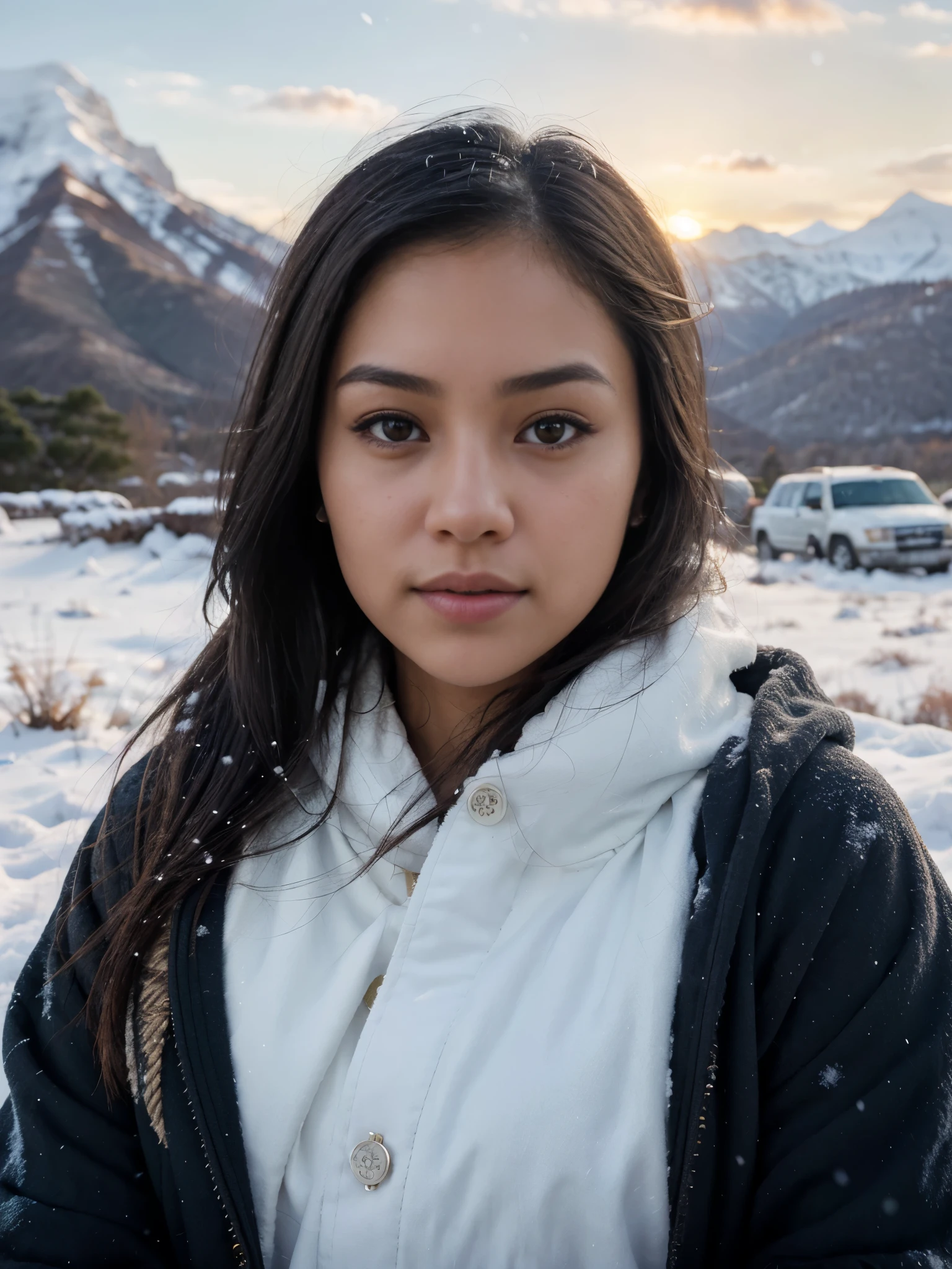 photorealistic, best quality, hyper detailed, Tala, cute Hawaiian girl, very short, skinny, long dark hair, curvy, lips closed, thoughtful expression, detailed face, detailed lips, best shadow, RAW, instagram LUT, snowing, winter in the mountains, warm clothes, snow in hair, evening, sunset, perfect face, detailed face, detailed eyes