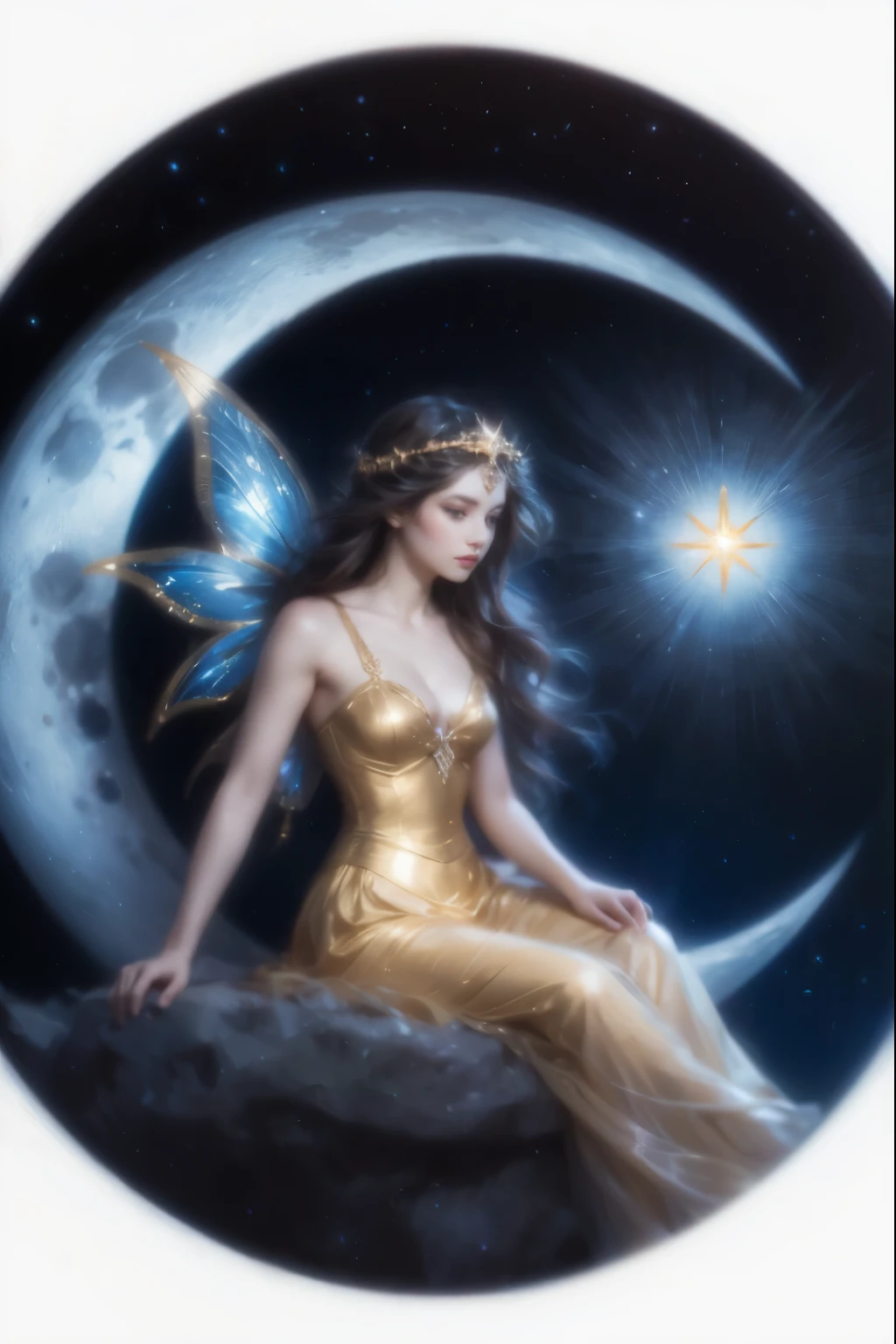 In the quiet stillness of the night, the fairy of the moon sits upon her crescent throne, her eyes alight with wonder as she watches a single star shoot across the sky. The stellar winds blow hot and cold, carrying her thoughts and dreams to the far reaches of the universe.,more detail XL