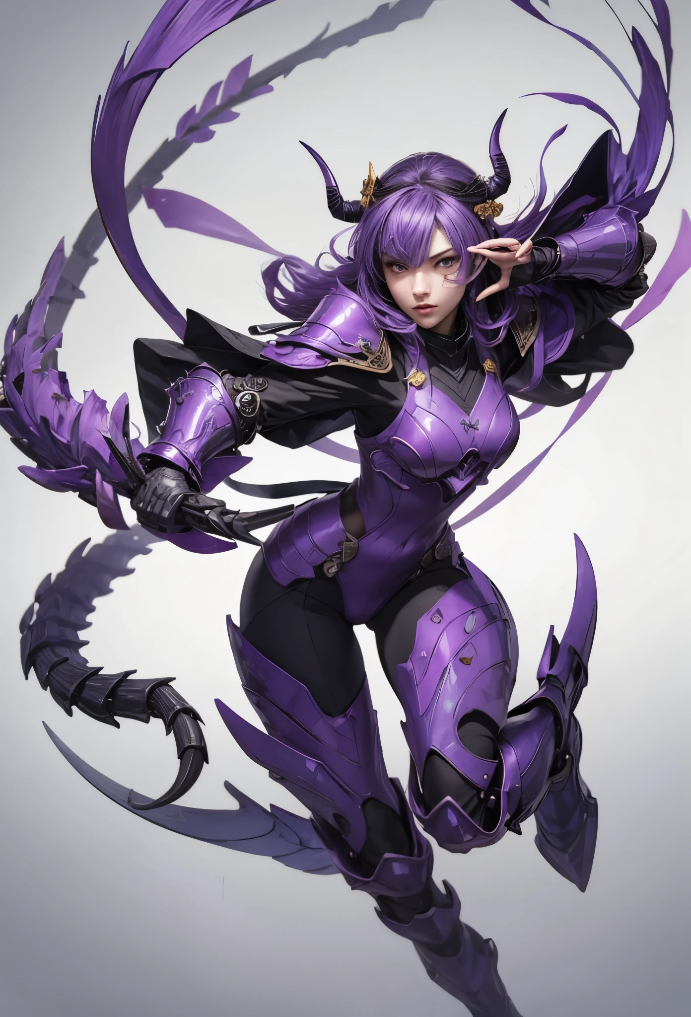 (Detailed illustrations,Very detailed and detailed drawing,Delicate lines with slow and rapid,Realistic texture expression),[Color tressed main line],(Fantasy World Battlefield Background [Burning castle]),(GIRL ROBOT 16yo (purple scorpion[METALFACE]) (SKINNY)) [WEAPON MACHINE],((NINJA Sengoku Armor))[stall],[[poisonous scorpion pattern]],[Use a ninja sword as a weapon],[[Mobile Weapon Gigant Size][Science Fiction Mechanical]],[Clear purple translucent shell that covers the body surface],(Intricate and beautiful decoration [Dense detail]),[Transparency],(Precisely drawn face)[完璧な目のdetaileds(Iris beautifully drawn in every detail)[Jewel-like eyes]],[long and beautiful eyelashes],[Meticulously drawn hair [美しく艷やかな髪のdetaileds]],(完璧な手のdetaileds [Beautiful fingers without breakdowns [Beautiful nails]]),(Perfect Anatomy(Perfectly proportioned))[[Full body like]],[Ideal color coordination(Accurate simulation of light-material interactions)],([Precision Detail](detaileds,high-detail)),[Visual art that conveys a sense of narrative].