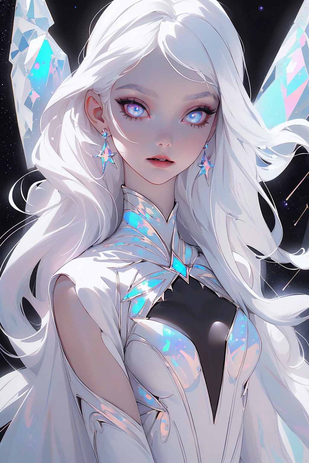 {-erro_de_anatomia:1.0} masterpiece, highest quality, (perfect face:1.1, (high detail)1.1, sweet Alien vampire , long soft white hair, opal eyes, perfectly drawn face, black dress, stars detailed background, prismatic lighting, glitter,  whole body