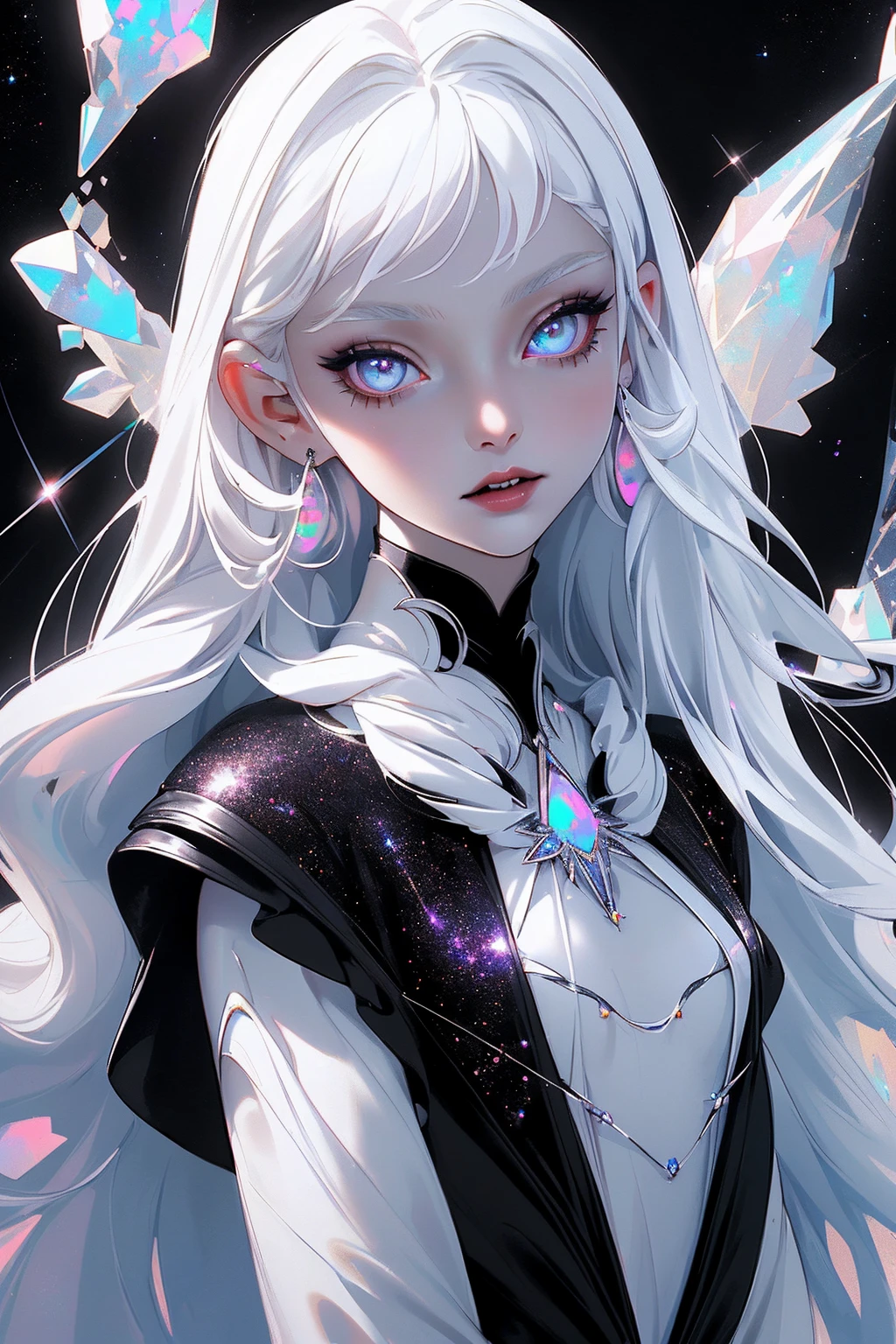 {-erro_de_anatomia:1.0} masterpiece, highest quality, (perfect face:1.1, (high detail)1.1, sweet Alien vampire , long soft white hair, opal eyes, perfectly drawn face, black dress, stars detailed background, prismatic lighting, glitter,  whole body