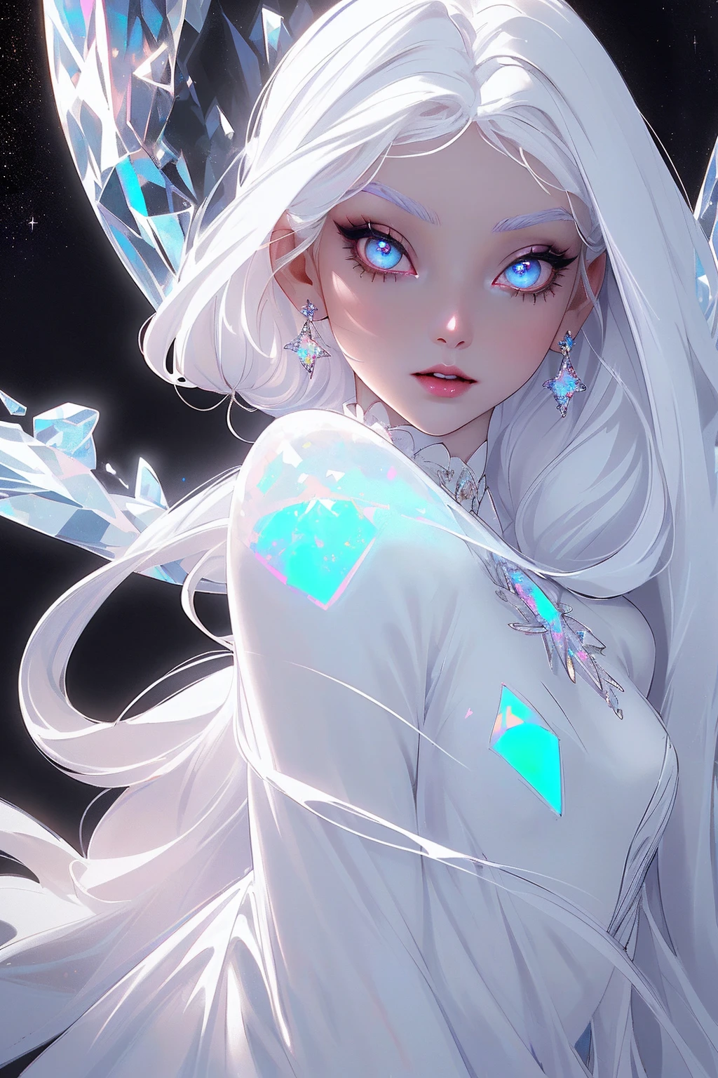 {-erro_de_anatomia:1.0} masterpiece, highest quality, (perfect face:1.1, (high detail)1.1, sweet Alien vampire , long soft white hair, opal eyes, perfectly drawn face, black dress, stars detailed background, prismatic lighting, glitter,  whole body