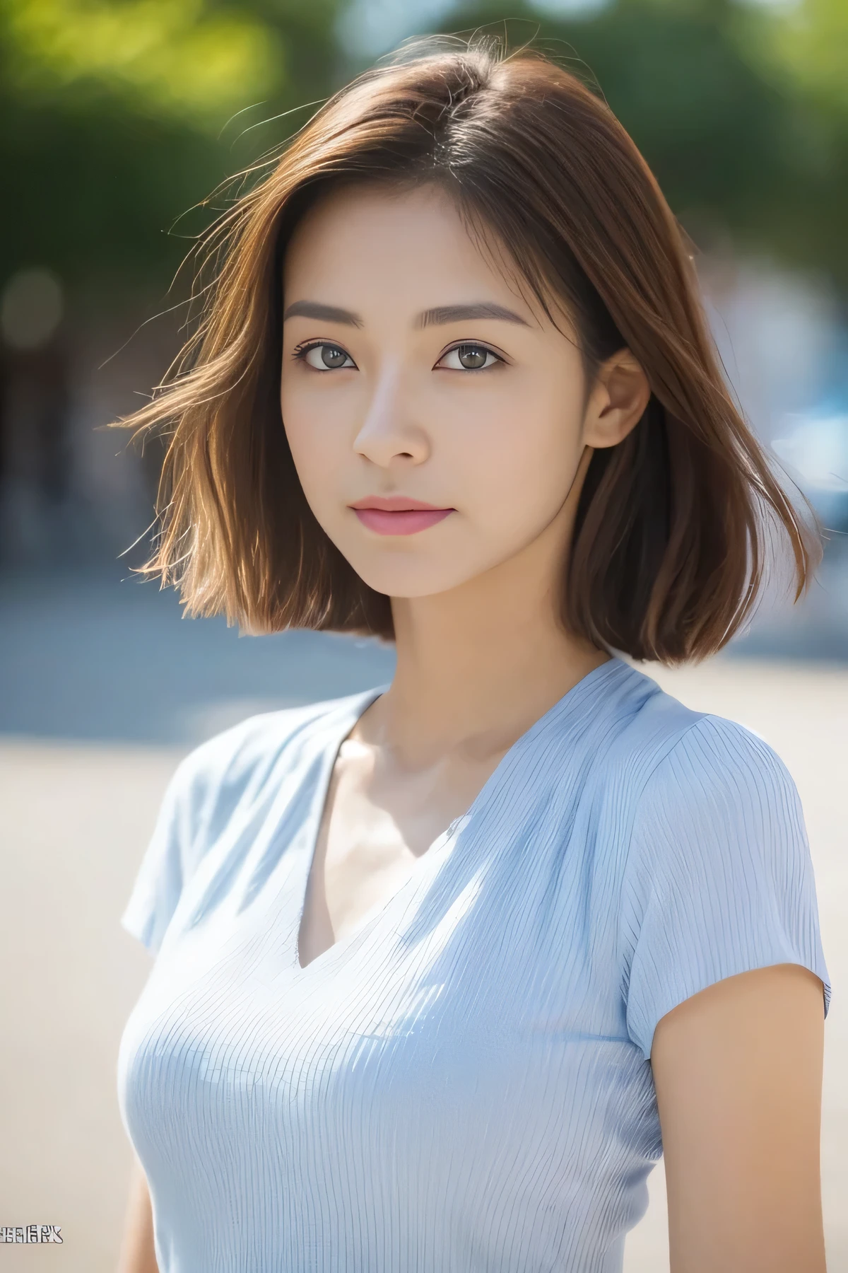 ((Best quality, 8K, On a table :1.3)), Focus sharp :1.2, Beautiful woman with perfect figure:1.4, Slim abs:1.2, ((dark brown  hair, average:1.2)), blouse with a white collar，(Natural soft light, the city street:1.1), Highly Detailed Face and Skin Textur，詳細な目，二重まぶた、beautiful foot、sea beach、