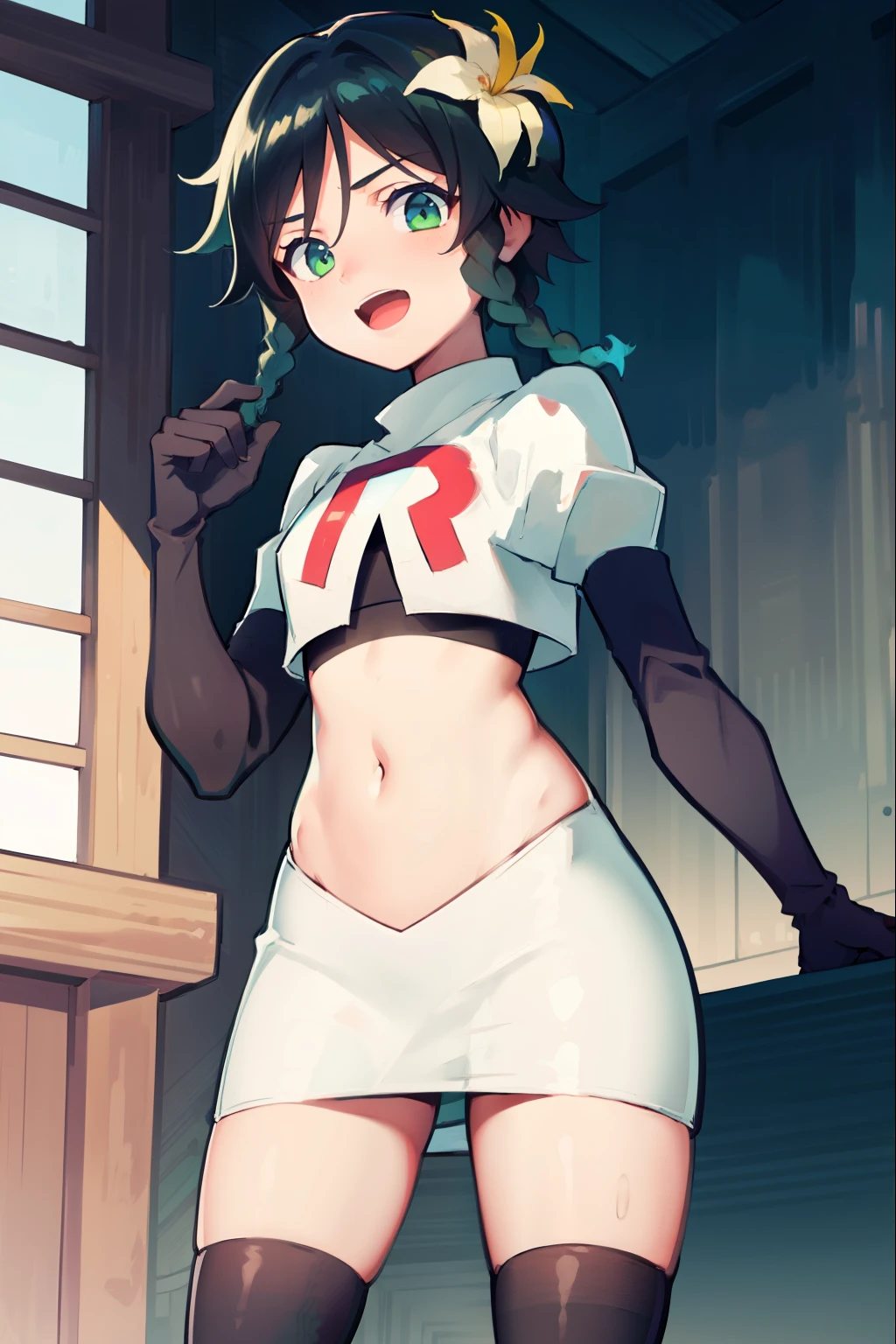 absurdres,venti,1boy, male focus, trap,black hair, green-blue hair, hair braid,hair flower,aqua green eyes,crossdressing,1boy,team rocket,team rocket uniform,white skirt,red letter R,crop top,black thigh-high boots,black elbow gloves, laughing, happy, blush