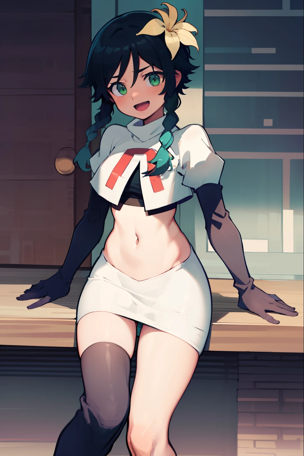 absurdres,venti,1boy, male focus, trap,black hair, green-blue hair, hair braid,hair flower,aqua green eyes,crossdressing,1boy,team rocket,team rocket uniform,white skirt,red letter R,crop top,black thigh-high boots,black elbow gloves, laughing, happy, blush