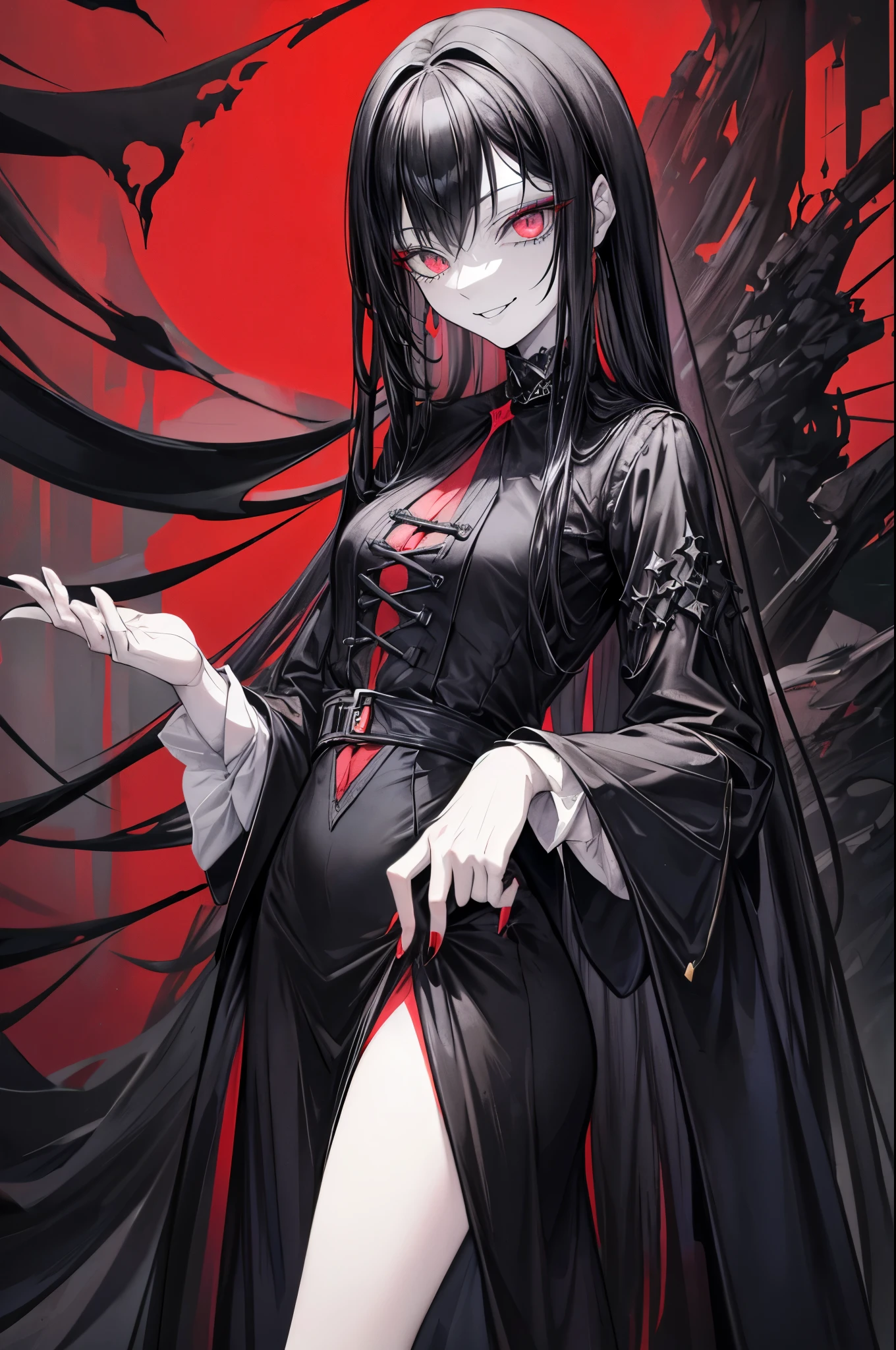 (flat color:1.1),(masterpiece:1.2), best quality, masterpiece, original,long straight black hair, (mature, goth woman with a cultist outfit smiling at the camera:1.2), wearing a formal casual outfit