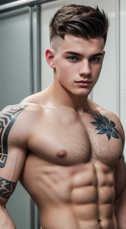 White young man , 18 years old, low taper fade haircut, black hair, blue eyes fixed,affiliated features, no facial hair, height 1.93, weight 100 kg, aesthetic muscular build, broad shoulders, V-shaped body, full body focus, completely hairless, half arm tattoos