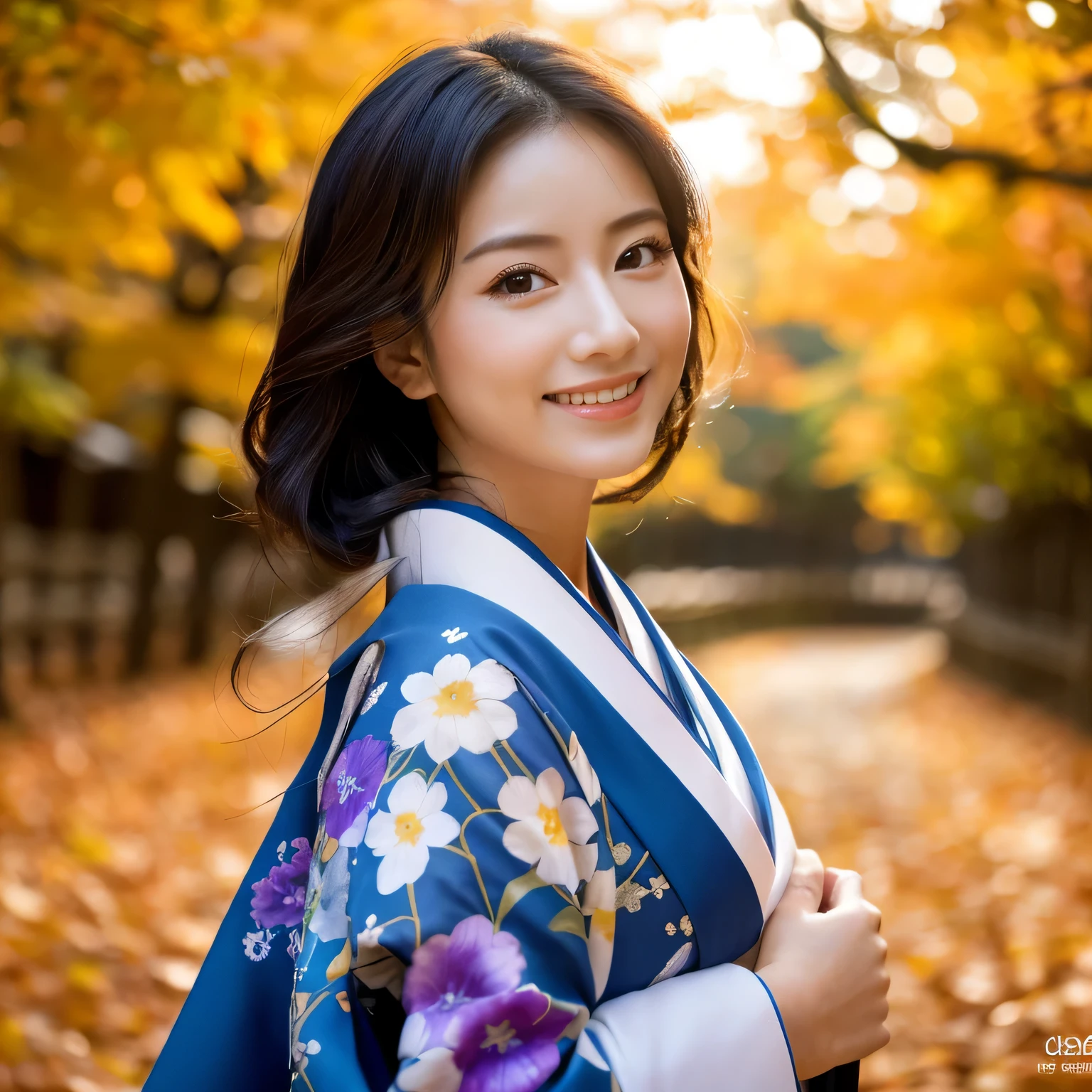 (Super beautiful woman in kimono)、((best qualtiy、8k masterpieces:1.3))、foco nítido:1.2、(ultra beautiful faces:1.0)、(shinny skin:1.0)、photos realistic、A dark-haired、Video Lighting、High-definition eyes and face、Video Lighting、Japanese actressl、from the front side、medium breasts、With a happy smile、wearing kimonos、Under the autumn leaves、highest grade obi