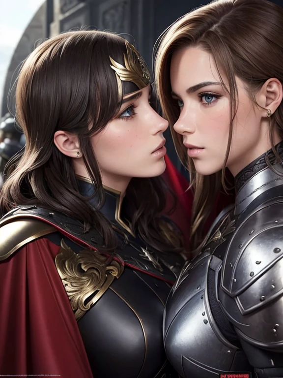 beautiful mature skinny viking girls in her 20's showing her weapons and kissing each other. One curly blonde one ringlets brunette hair, wide open mouth, extreme eyelids dark shadow make-up, red glossy lips, hypnotic bright eyes, wearing leather and armor viking outfits and helmets, long nails, sensual pose, sensual expression, ((slim, petite)), viking village and ocean background, sunny day, photorealistic, photo, masterpiece, realistic, realism, photorealism, high contrast, photorealistic digital art trending on Artstation 8k HD high definition detailed realistic, detailed, skin texture, hyper detailed, realistic skin texture, armature, best quality, ultra high res, (photorealistic:1.4), high resolution, detailed, raw photo, sharp re, by lee jeffries nikon d850 film stock photograph 4 kodak portra 400 camera f1.6 lens rich colors hyper realistic lifelike texture dramatic lighting unrealengine trending on artstation cinestill 800,