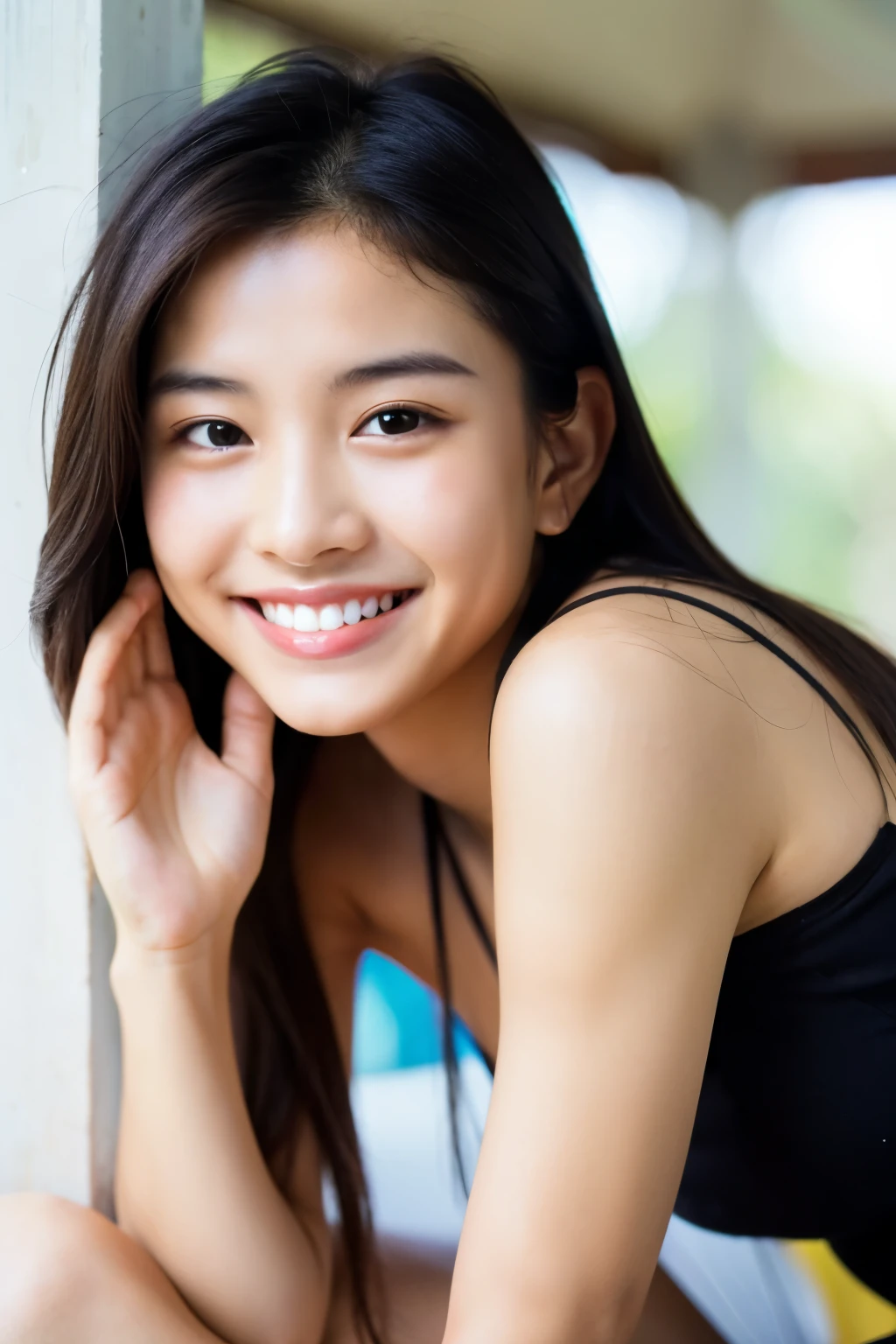 masterpiece,best quality,(Japanese ),((Beautiful girl)),cleavage,indoor,(perfect body beauty:1.2),(shy smile),beautiful teeth,