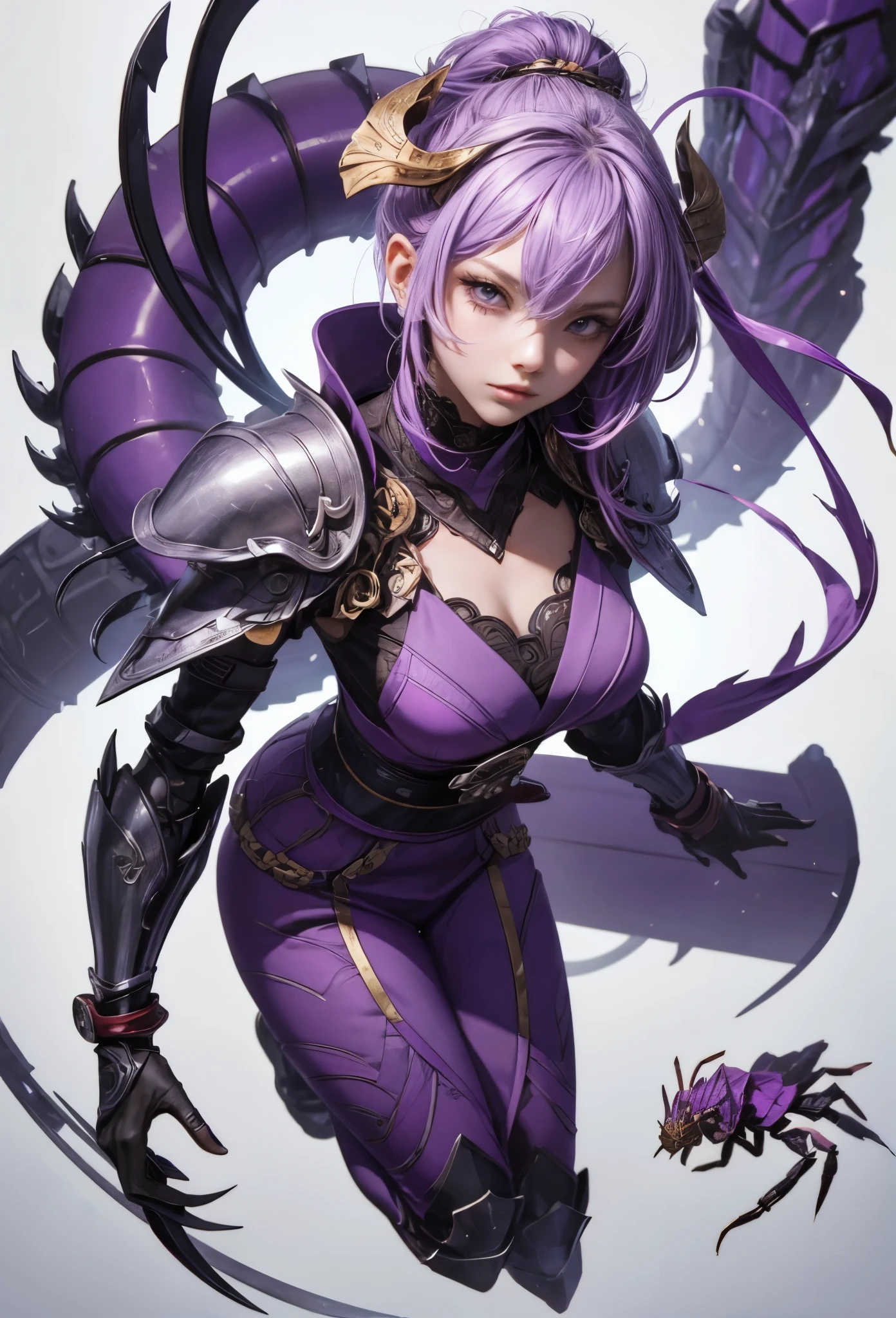 (Detailed illustrations,Very detailed and detailed drawing,Delicate lines with slow and rapid,Realistic texture expression),[Color tressed main line],(Fantasy World Battlefield Background [Burning castle]),(GIRL ROBOT  (purple scorpion[METALFACE]) (SKINNY)) [WEAPON MACHINE],((NINJA Sengoku Armor))[stall],[[poisonous scorpion pattern]],[Use a ninja sword as a weapon],[[Mobile Weapon Gigant Size][Science Fiction Mechanical]],[Clear purple translucent shell that covers the body surface],(Intricate and beautiful decoration [Dense detail]),[Transparency],(Precisely drawn face)[完璧な目のdetaileds(Iris beautifully drawn in every detail)[Jewel-like eyes]],[long and beautiful eyelashes],[Meticulously drawn hair [美しく艷やかな髪のdetaileds]],(完璧な手のdetaileds [Beautiful fingers without breakdowns [Beautiful nails]]),(Perfect Anatomy(Perfectly proportioned))[[Full body like]],[Ideal color coordination(Accurate simulation of light-material interactions)],([Precision Detail](detaileds,high-detail)),[Visual art that conveys a sense of narrative].