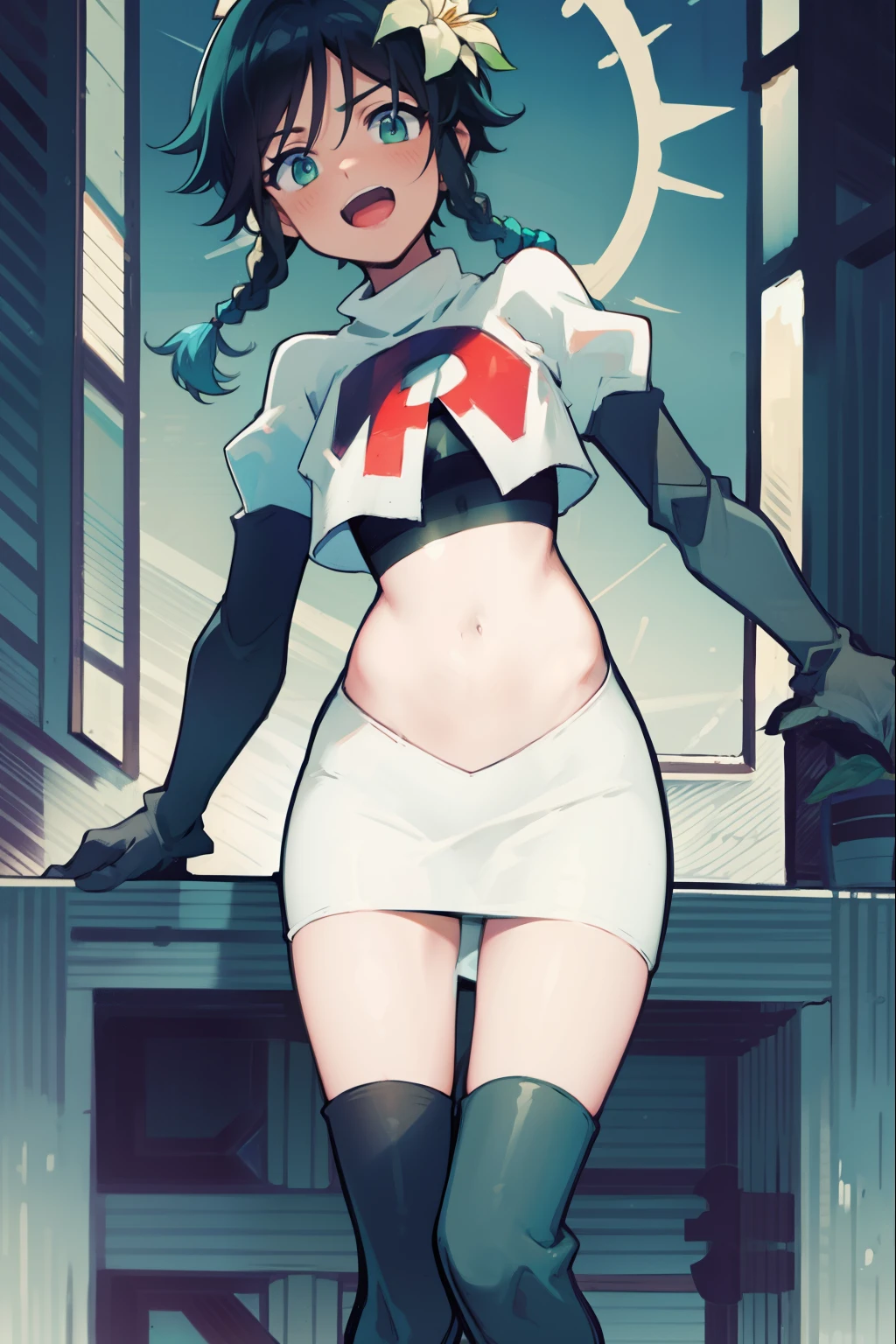 absurdres,venti,1boy, male focus, trap,black hair, green-blue hair, hair braid,hair flower,aqua green eyes,crossdressing,1boy,team rocket,team rocket uniform,white skirt,red letter R,crop top,black thigh-high boots,black elbow gloves, laughing, happy, blush