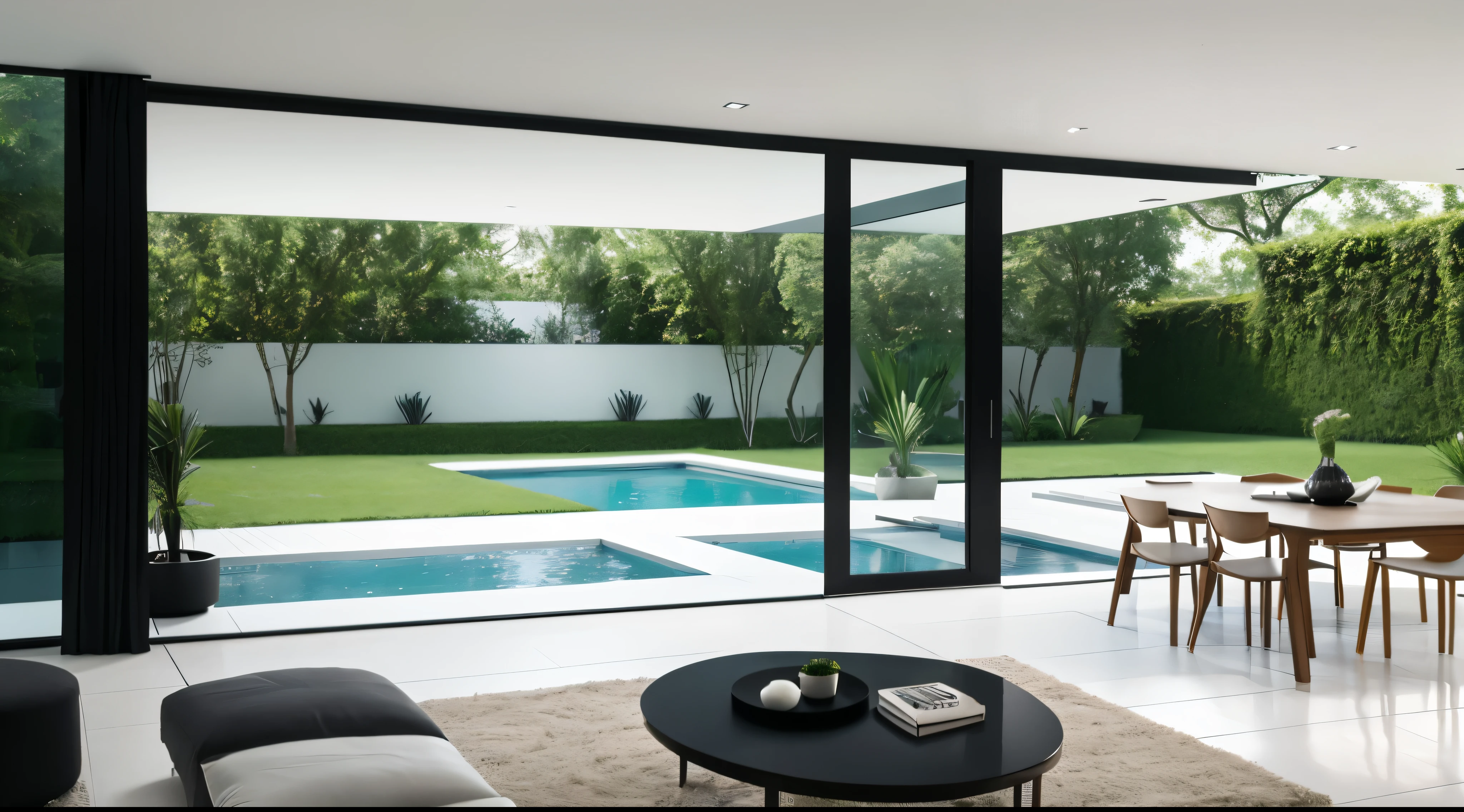 You are a famous interior designer、You have been asked to create a 3D image of a modern large room. Create a harmonious environment with modern and minimalist furniture. Including garden interior.
