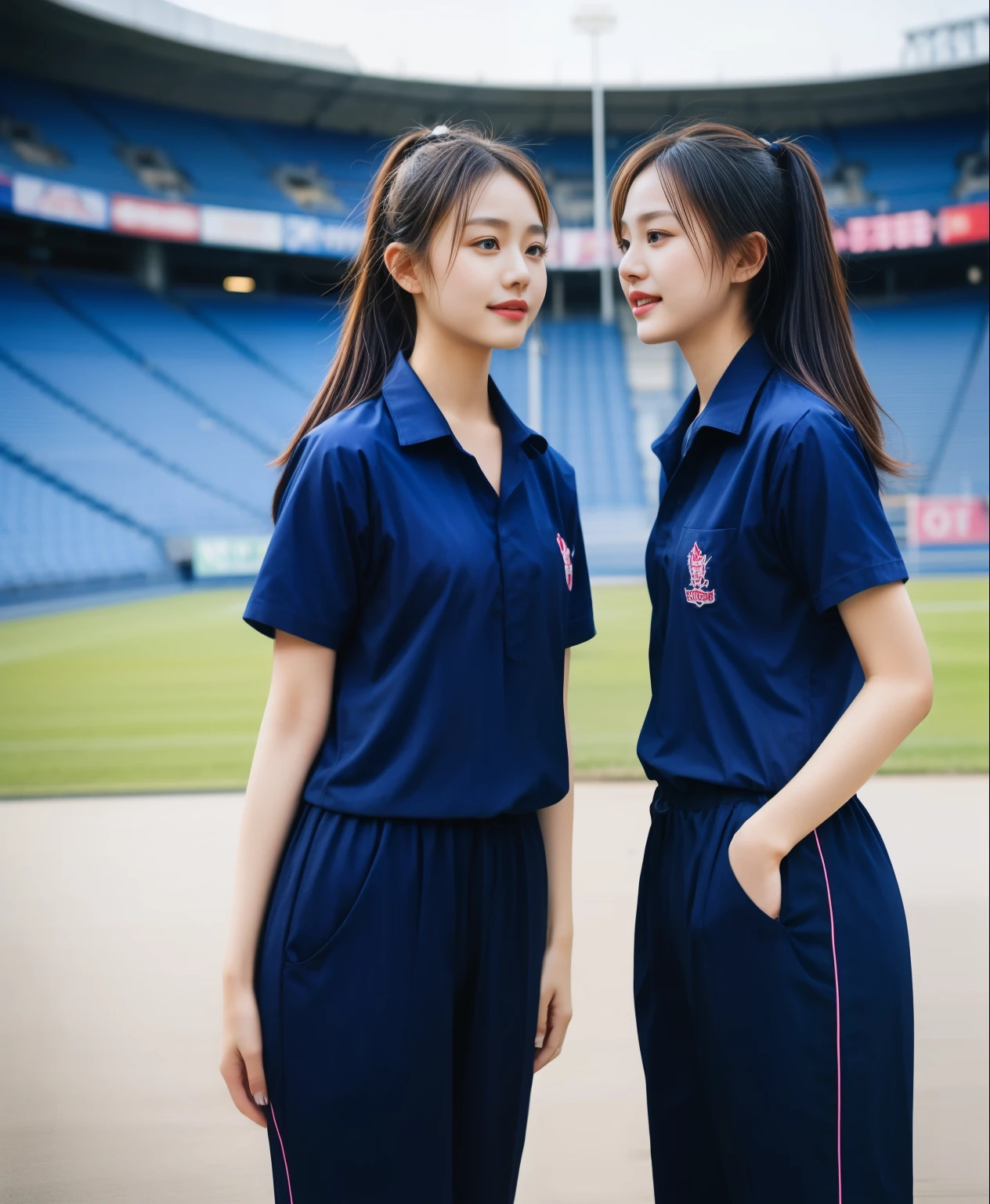 (bestquality,10,10,highres,masterpiece:1.2),ultra-detail,(Realistic,ภาพRealistic,photo-realistic:1.37),1 Cute girl in the football field,oily shiny skin,bara,light smile,BDclothelue shirt:1.3)),short sleeves,shirt, trousers.,(navy_long_ติดตามtrousers:1.1), ((Stadium Background:1.3)),dynamic angle,excited,face focus,Dynamic Poses,from behide,Ass Focus,masterpiece, bestquality, ultra realistic, hyper-detail, 8k resolution, RAW photo, crisp focus, ((Navy blue shirt:1.1)), short sleeves, เส้นทางlong, Complete bodyแบบ, 2 mature women, 18yo, cinematic light,trousersวอร์มสีน้ําเงิน,Gymware,Correct anatomy,Complete body, Correct body, sharp face, Correct bodyทางกายวิภาค, full entire body, Realistic gestures, long-haired, Realistic poses,Wear long shorts..............................,ช่วงขาlong,Shapely,Sculpting Girl, Slender Figure, mannequin mannequins, Shapely, Beautiful body,trousersวอร์มสีน้ําเงิน, Two girls kissing