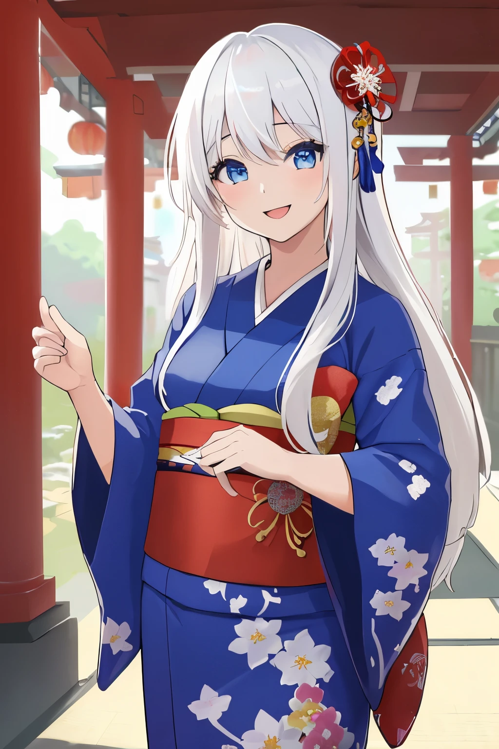 Chica anime, ((Masterpiece), top-quality, Top image quality, ((((solo)))), ((((white hair)))), long hair, Beautiful blue eyes, Shining eyes, dye one's cheeks red, smile, teens girl, 18yo, cute, {{{{floral printed kimono}}}}, wearing fusion kimono and yukata, surrounded by items representing the Japanese New Year, torii, HAPPY NEW YEAR, 8k