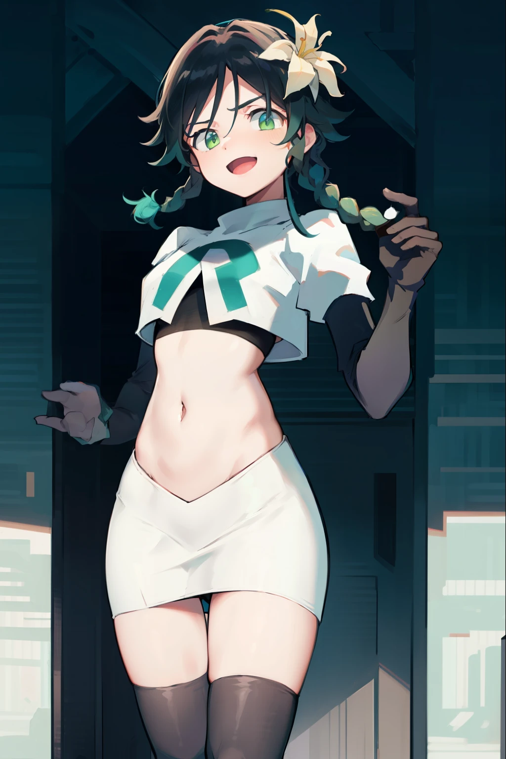 absurdres,venti,1boy, male focus, trap,black hair, green-blue hair, hair braid,hair flower,aqua green eyes,crossdressing,1boy,team rocket,team rocket uniform,white skirt,red letter R,crop top,black thigh-high boots,black elbow gloves, laughing, happy, blush