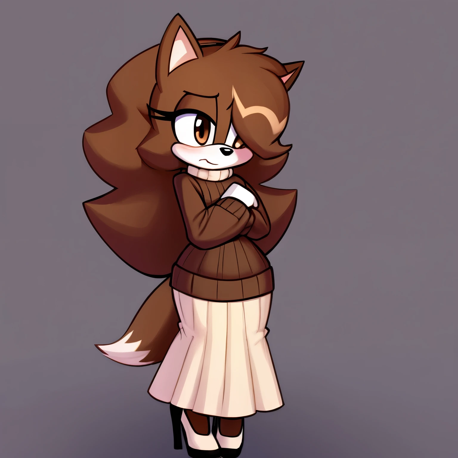 Female, Mobian, Dog, brown fur, large hair bang, hair over eye, brown eyes, large fluffy tail, long sleeve brown dress sweater, (white high waist skirt), black high heels, (shy), (nervous), crossed arms