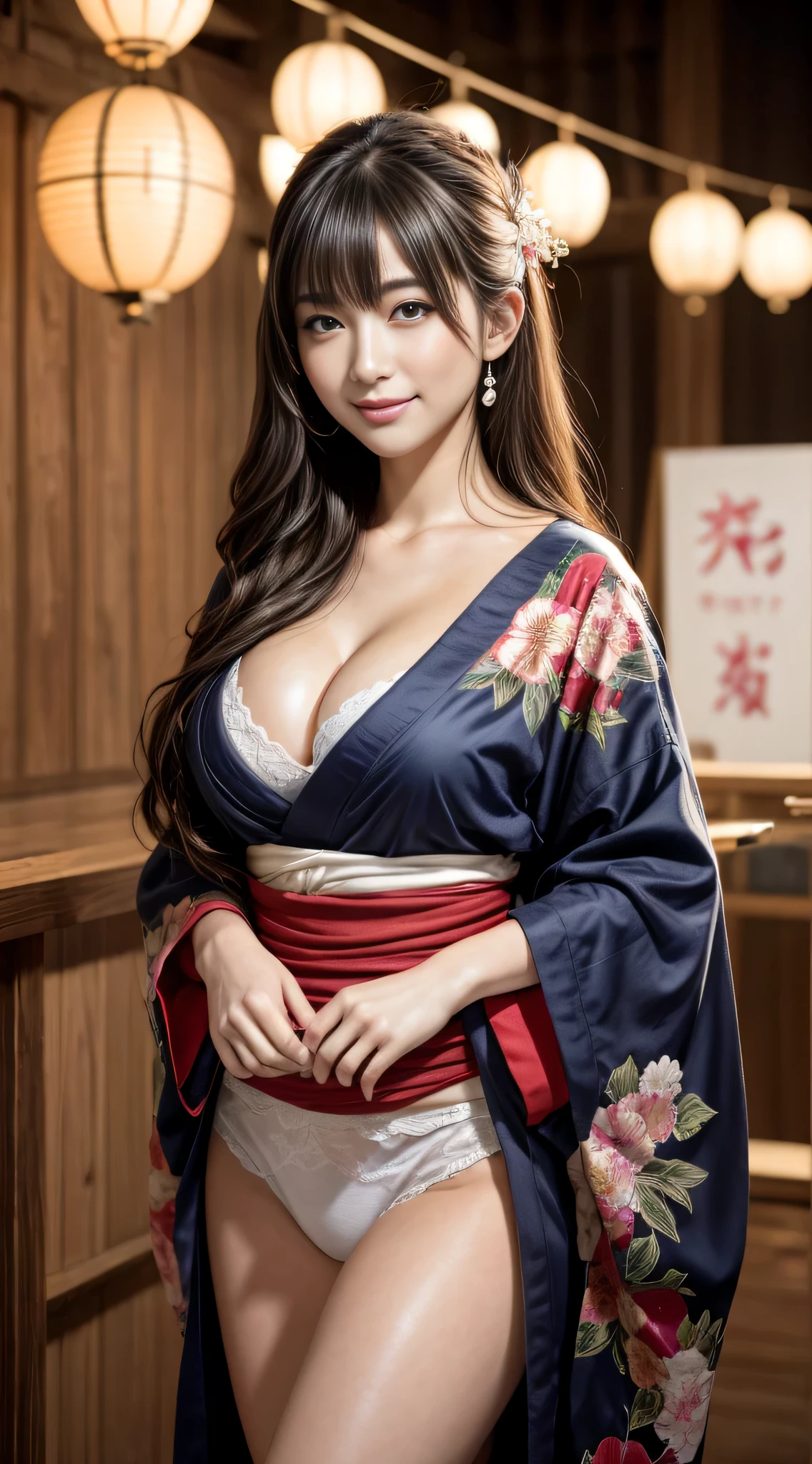 A 23-year-old geisha with sexy, flowing hair, (Photorealistic:Photorealistic, 8K Masterpiece), Short plain kimono with bright neon floral pattern, The shrine I went to for New Year's'Visit in the background (hyper realisitic:Realistic and intricate details), Smiling: Features, (Texture and detailed atmosphere、Perfect litthing).Colossal tits,Emphasizes cleavage