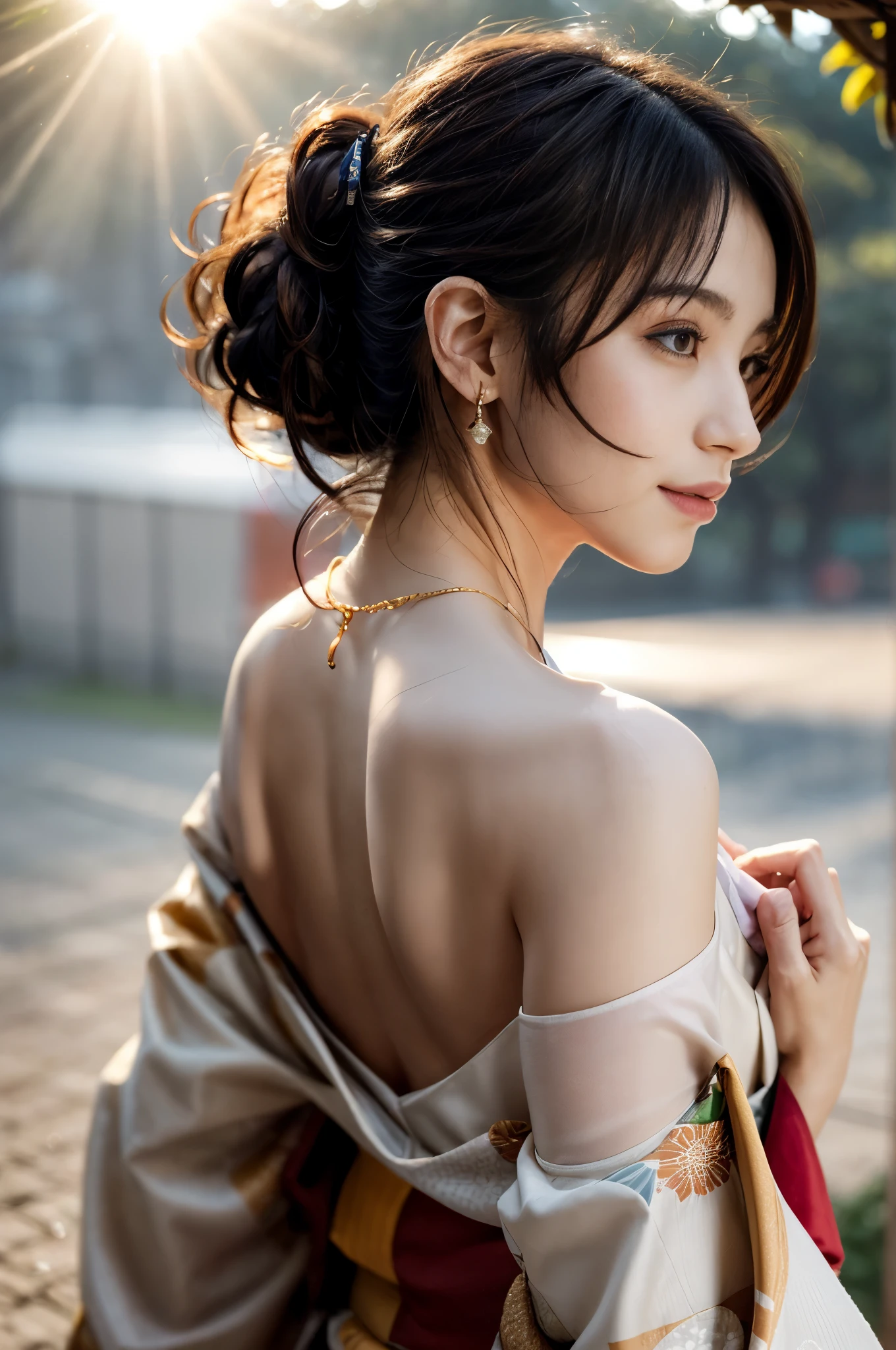 (Photoreal Stick:1.5, masutepiece:1.5, RAW shooting, 8K), (top-quality, masterpiece, 超A high resolution), Autumn morning, Precincts of the shrine, ((fog the lens:1.4)), ((Shoot with blur:1.5)), ((sunrises, Sunlight coming in from behind:1.6, Strong sunlight spreads across the screen:1.6)), ((Strong sunlight shines on a woman:1.7)), ((The entire screen appears white and hazy due to strong sunlight.:1.8)), ((The woman looks blurry due to the strong sunlight:1.9)), Face Sharp Focus:1.3, Professional camera work:1.3, Highly detailed skin and facial texture:1.3, Grow Light Effect, The ultra-detailliert:1.3, 1girl in, Fair skin, (Sense of clarity:1.4, a small face), Extremely beautiful face:1.5, (Sense of clarityを感じる目:0.9, looking distantly), A smile:1.0, i love you completely:0.8, (Slightly open mouth:0.4, Sense of clarityを感じる口当たり:0.7), 二重まぶた, Dark brown medium hair, necklace and earrings, (japanese kimono, off shoulders)