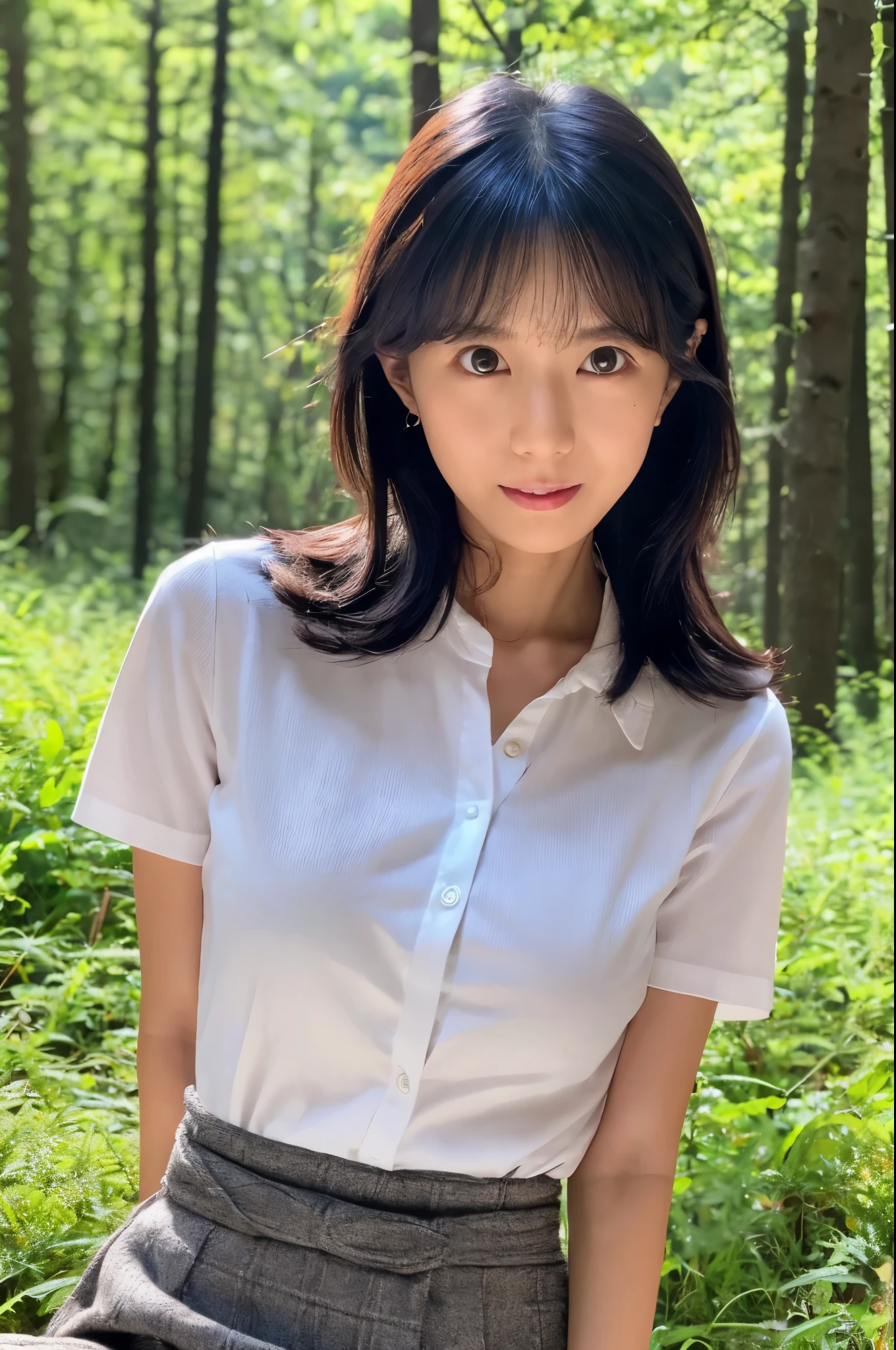 (High reality photograph, high resolusion, detailed face, detailed eyes) Skinny Japanese lady, 30 years old, cute face, various face expression, various hair style, skinny figure, medium breasts, very thin waist, wearing tight shirt and skirt, alone in forest