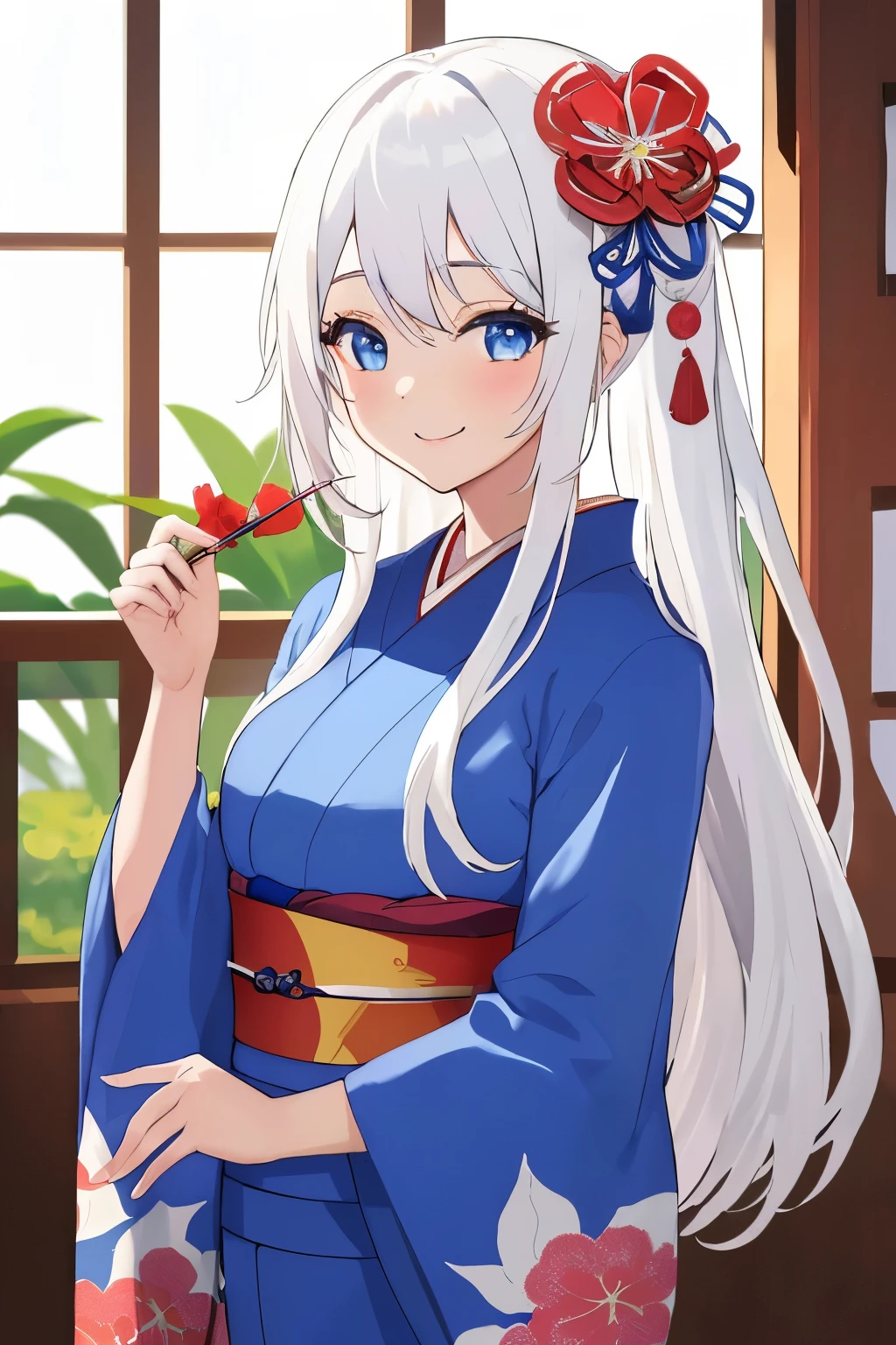 Chica anime, ((Masterpiece), top-quality, Top image quality, ((((solo)))), ((((white hair)))), long hair, Beautiful blue eyes, Shining eyes, dye one's cheeks red, smile, teens girl, 18yo, cute, {{{{floral printed kimono}}}}, wearing fusion kimono and yukata, surrounded by items representing the Japanese New Year, 8k