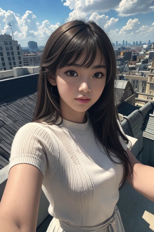 (Solo:1.3)), 1Girl, Best Quality, Realistic, Photorealistic, Best Quality, Masterpiece, Very Delicate and Beautiful, Very Detailed, (Selfie:1.2), Fine Detail, Ultra Detail, High Definition, Very Detailed, Realistic, Ultra High Definition, Best Quality, Ultra High Definition, (Real:1.4), High Quality Texture, Wearing White and Thin Summer Knit, On Rooftop, Bangs, Long Hair , afternoon light, spectacular sky and clouds