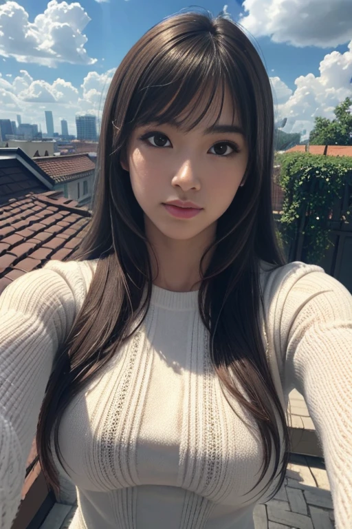(Solo:1.3)), 1Girl, Best Quality, Realistic, Photorealistic, Best Quality, Masterpiece, Very Delicate and Beautiful, Very Detailed, (Selfie:1.2), Fine Detail, Ultra Detail, High Definition, Very Detailed, Realistic, Ultra High Definition, Best Quality, Ultra High Definition, (Real:1.4), High Quality Texture, Wearing White and Thin Summer Knit, On Rooftop, Bangs, Long Hair , afternoon light, spectacular sky and clouds