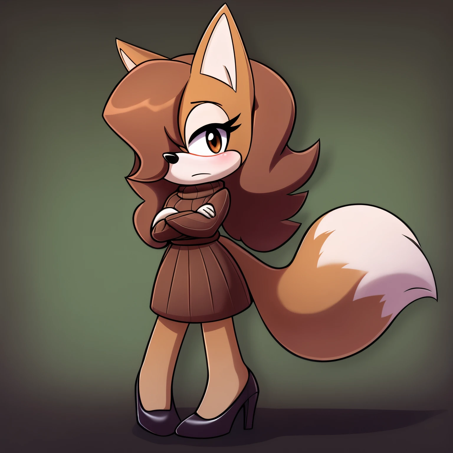 Female, Mobian, Dog, brown fur, large hair bang, hair over eye, brown eyes, large fluffy tail, long sleeve brown dress sweater, (white high waist skirt), black high heels, (shy), (nervous), crossed arms