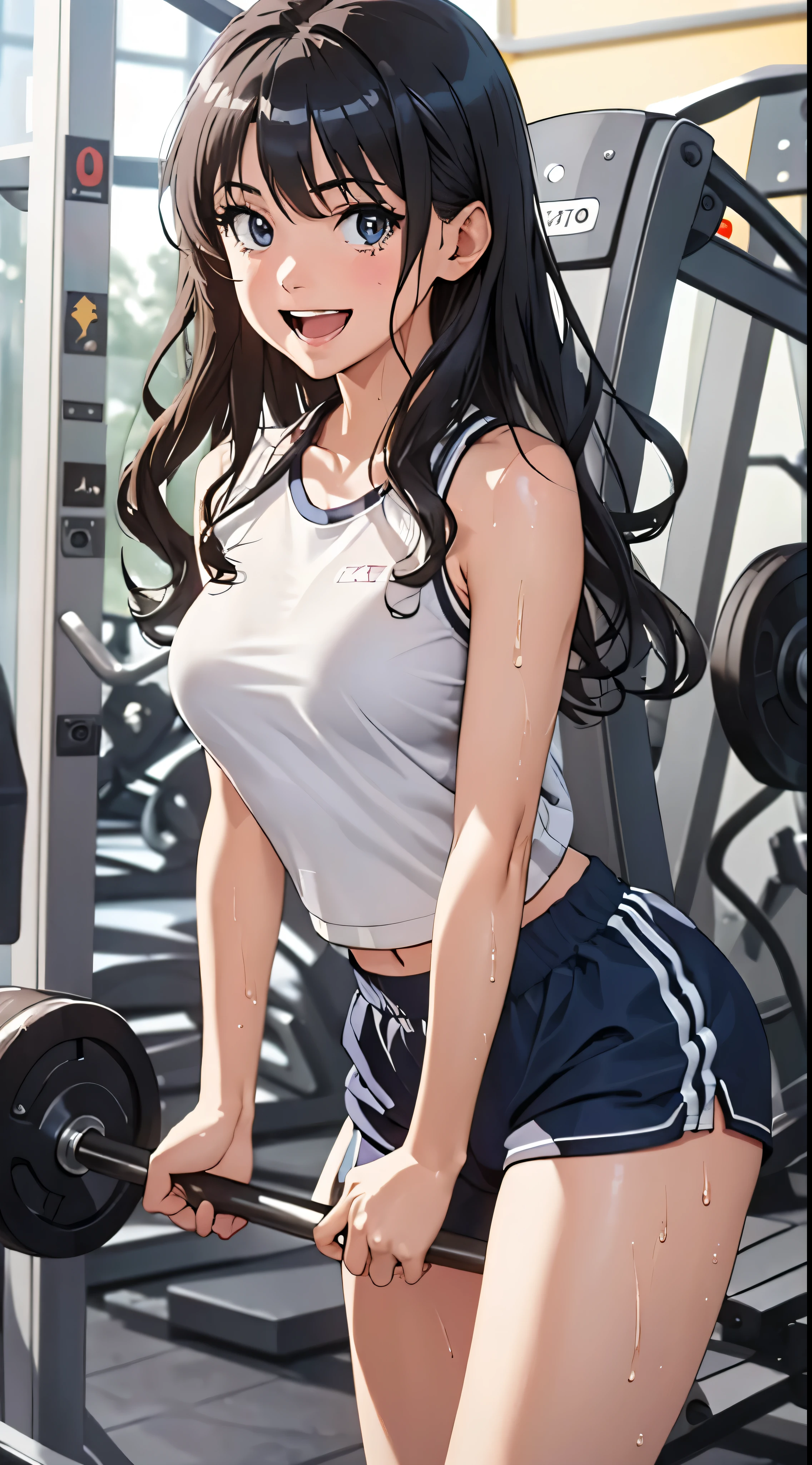 1womanl,Black hair,14 year old beautiful breasts,(((Sexy white and blue shiny gym clothes and short cheeks、Smile with open mouth)),(((Satin Narico))),((( portlate))),Crowds,Shiny white gym uniform and blue shorts,Wet with sweat