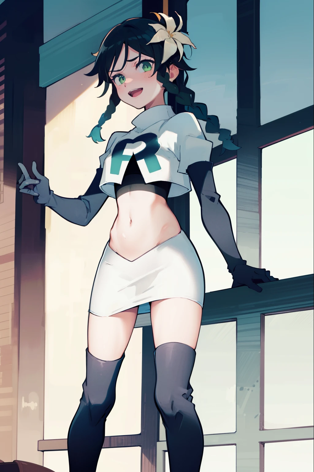 absurdres,venti,1boy, male focus, trap,black hair, green-blue hair, hair braid,hair flower,aqua green eyes,crossdressing,1boy,team rocket,team rocket uniform,white skirt,red letter R,crop top,black thigh-high boots,black elbow gloves, laughing, happy, blush