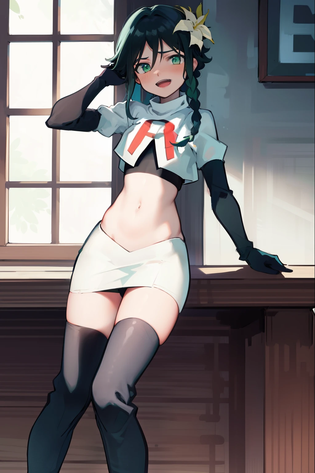 absurdres,venti,1boy, male focus, trap,black hair, green-blue hair, hair braid,hair flower,aqua green eyes,crossdressing,1boy,team rocket,team rocket uniform,white skirt,red letter R,crop top,black thigh-highs,black elbow gloves, laughing,happy, blush
